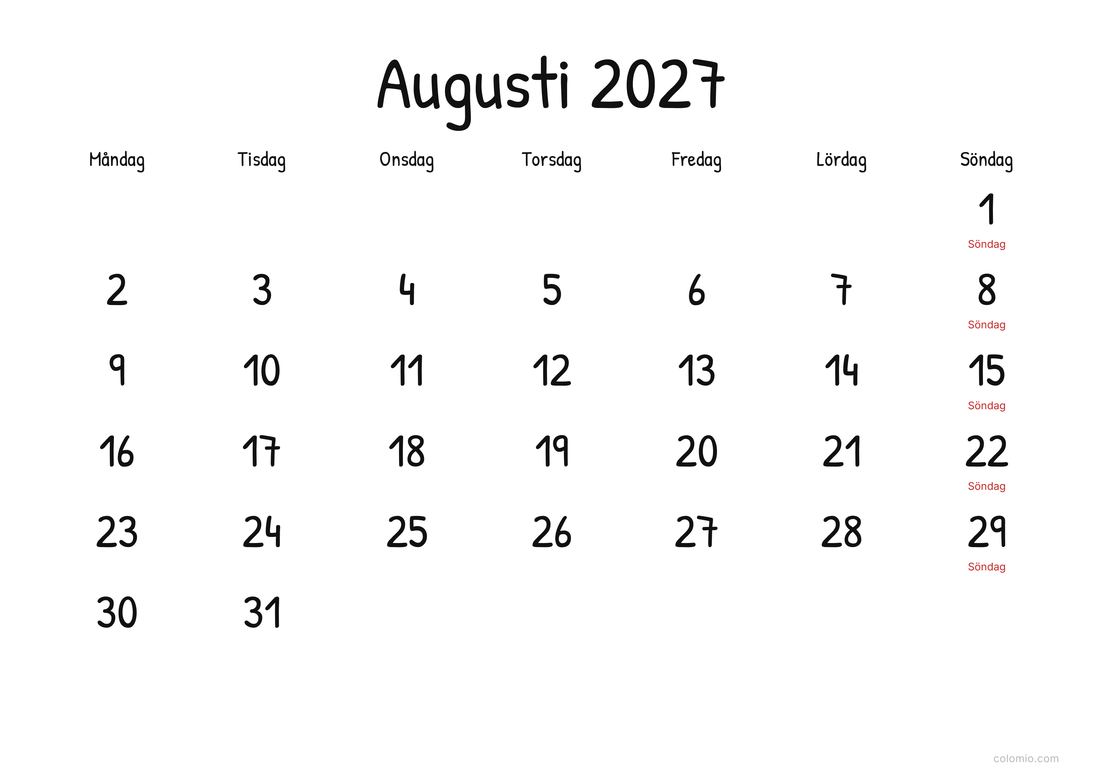 Kalender Augusti 2027 display · liggande, PDF att skriva ut