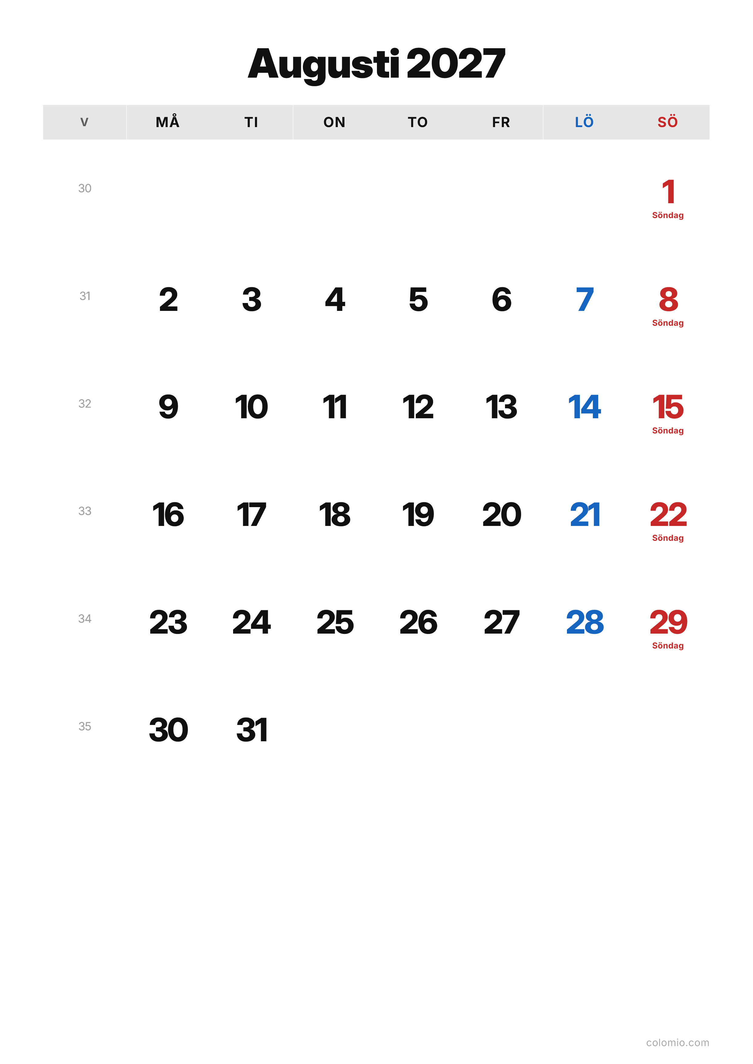 Kalender Augusti 2027 klassisk · stående, PDF att skriva ut