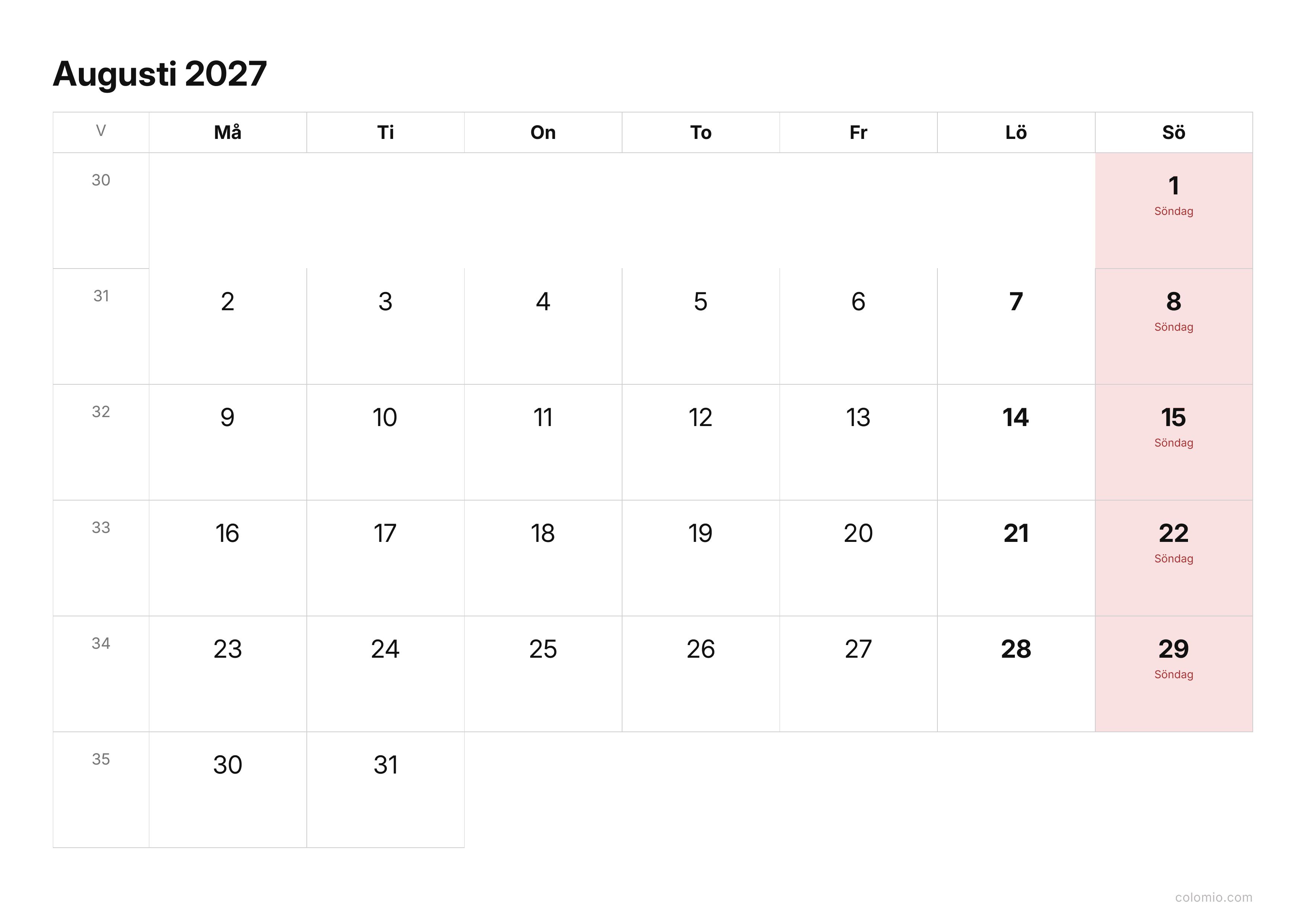 Kalender Augusti 2027 enkel · liggande, PDF att skriva ut