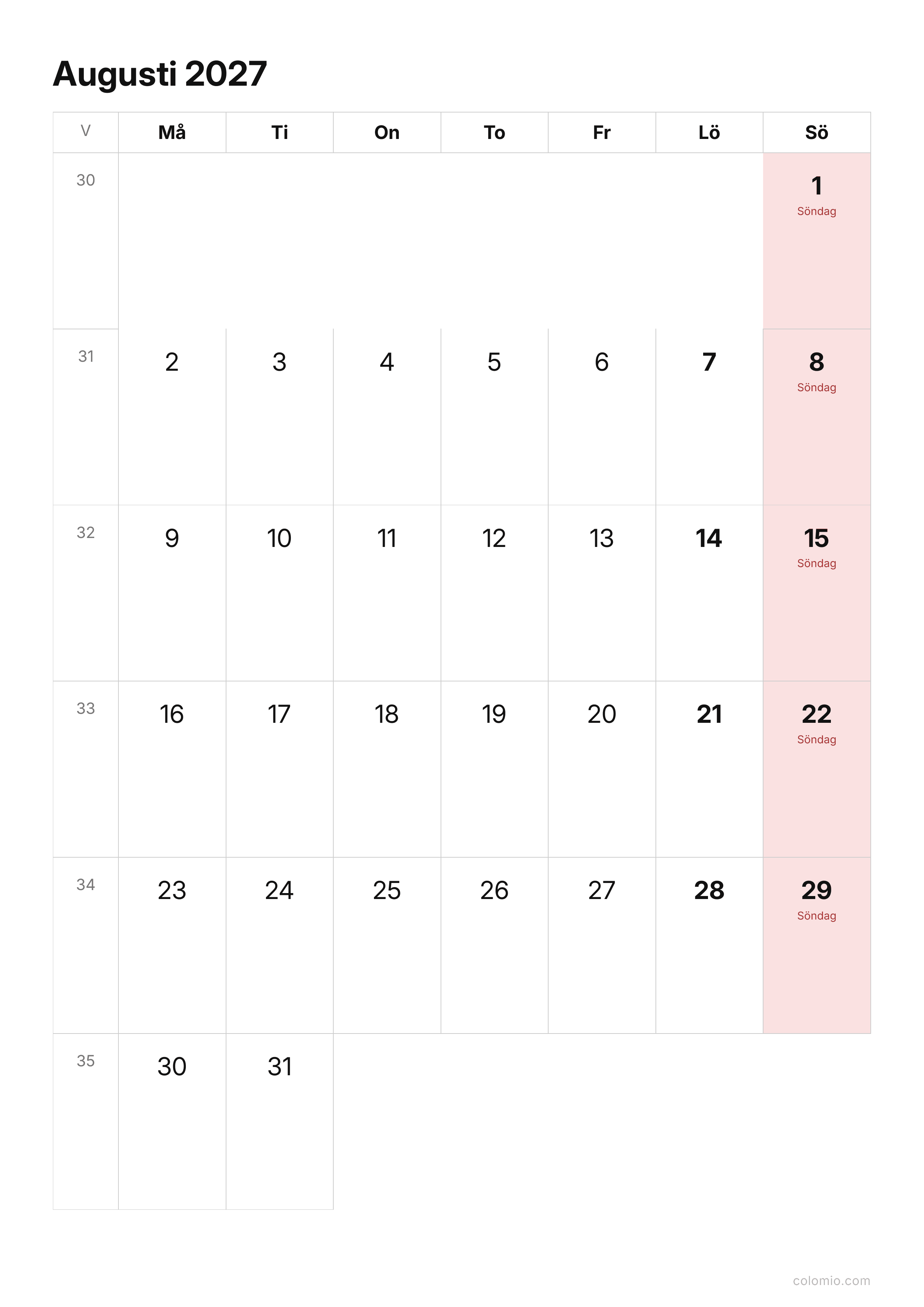 Kalender Augusti 2027 enkel · stående, PDF att skriva ut