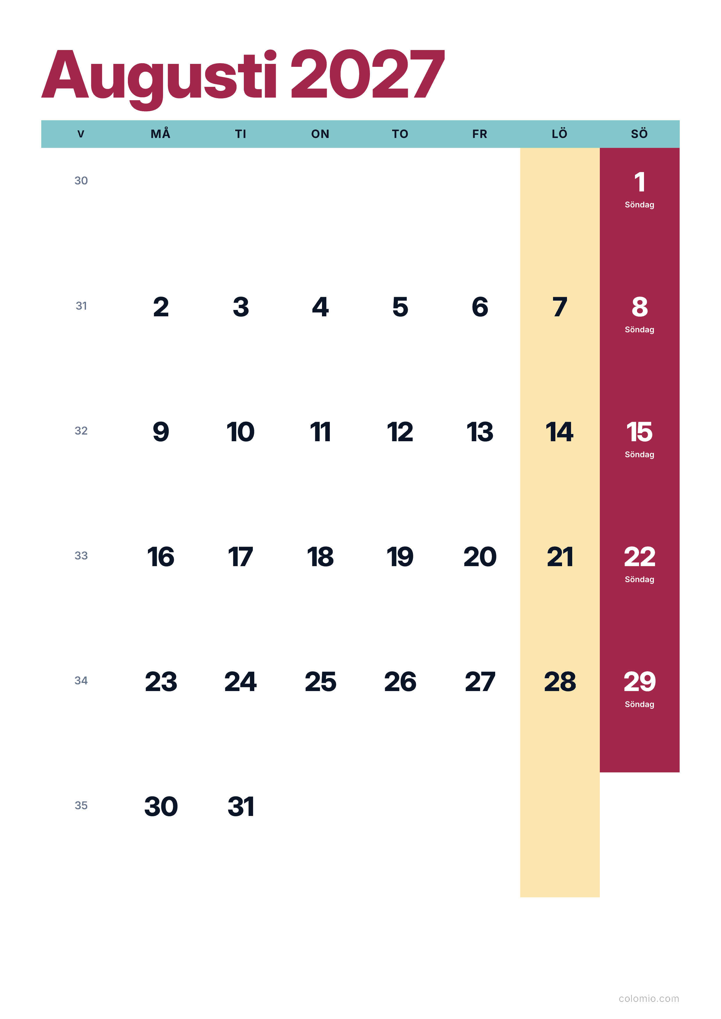 Kalender Augusti 2027 färgglad & modern · stående, PDF att skriva ut