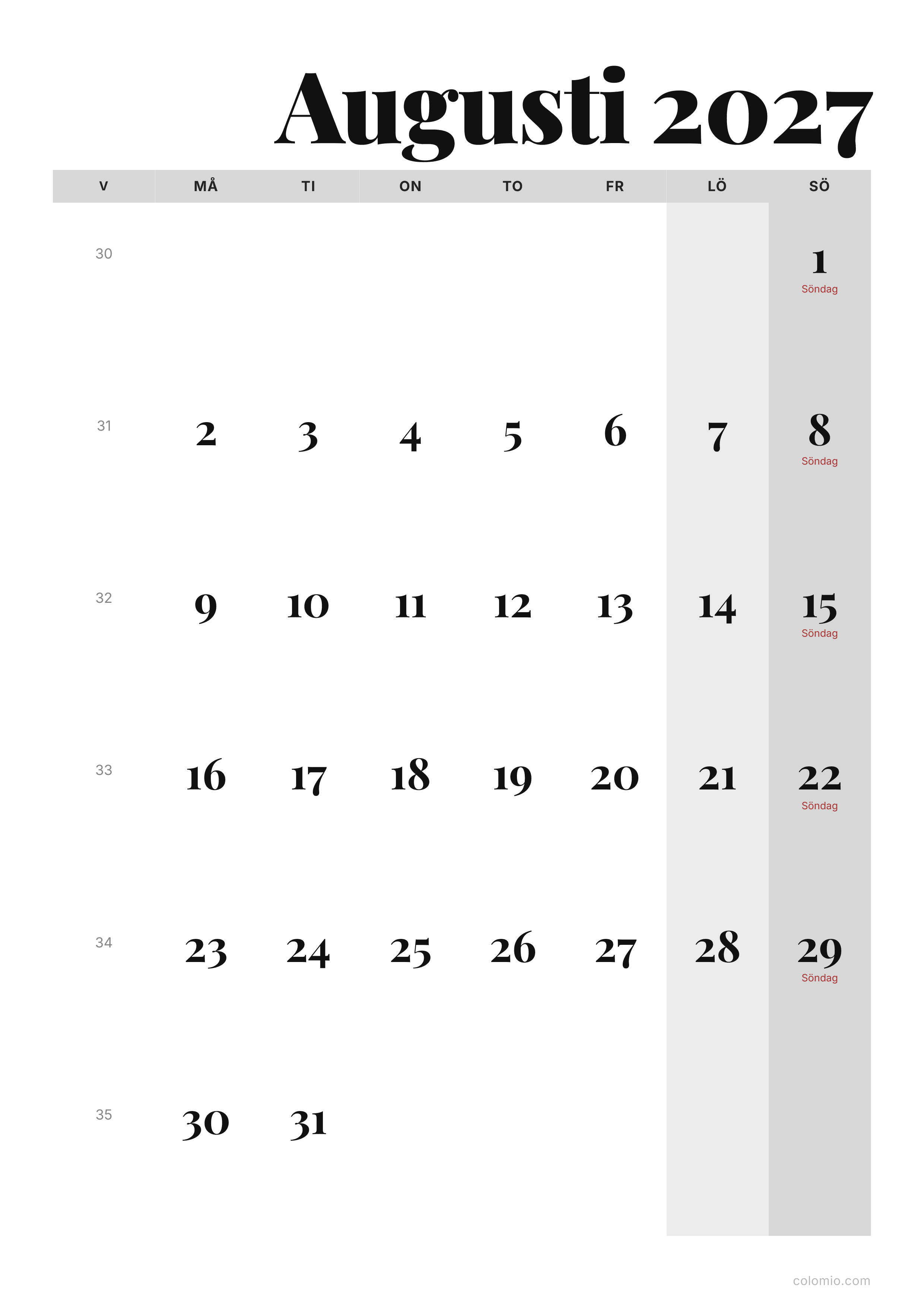 Kalender Augusti 2027 redaktionell · stående, PDF att skriva ut