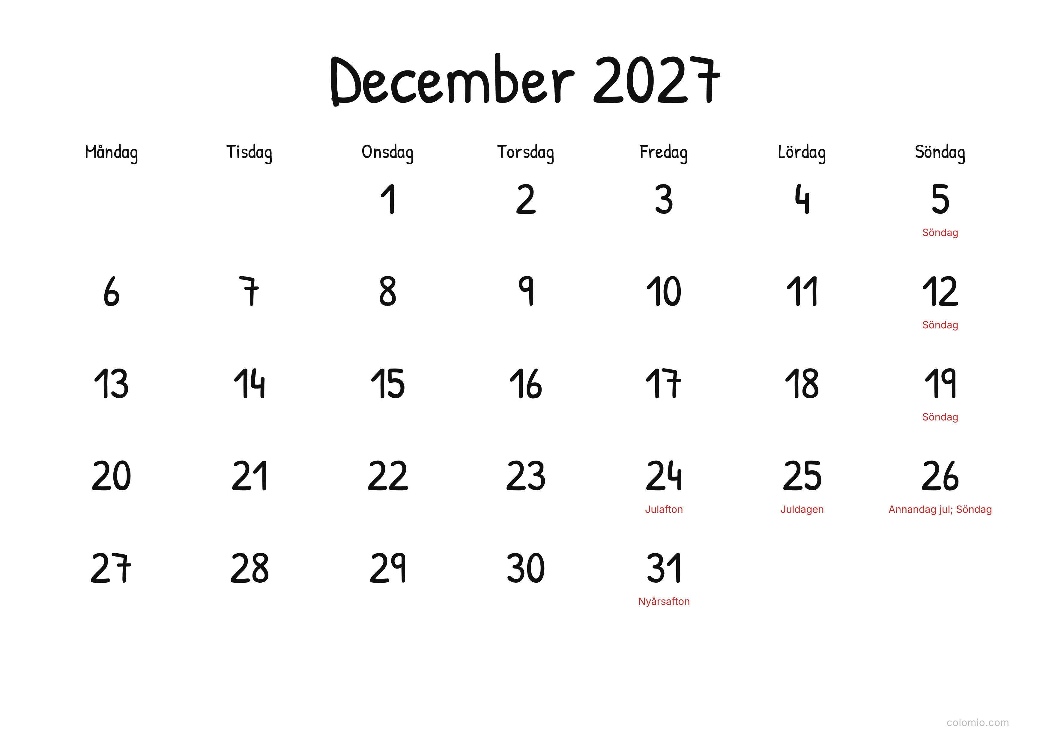 Kalender December 2027 display · liggande, PDF att skriva ut