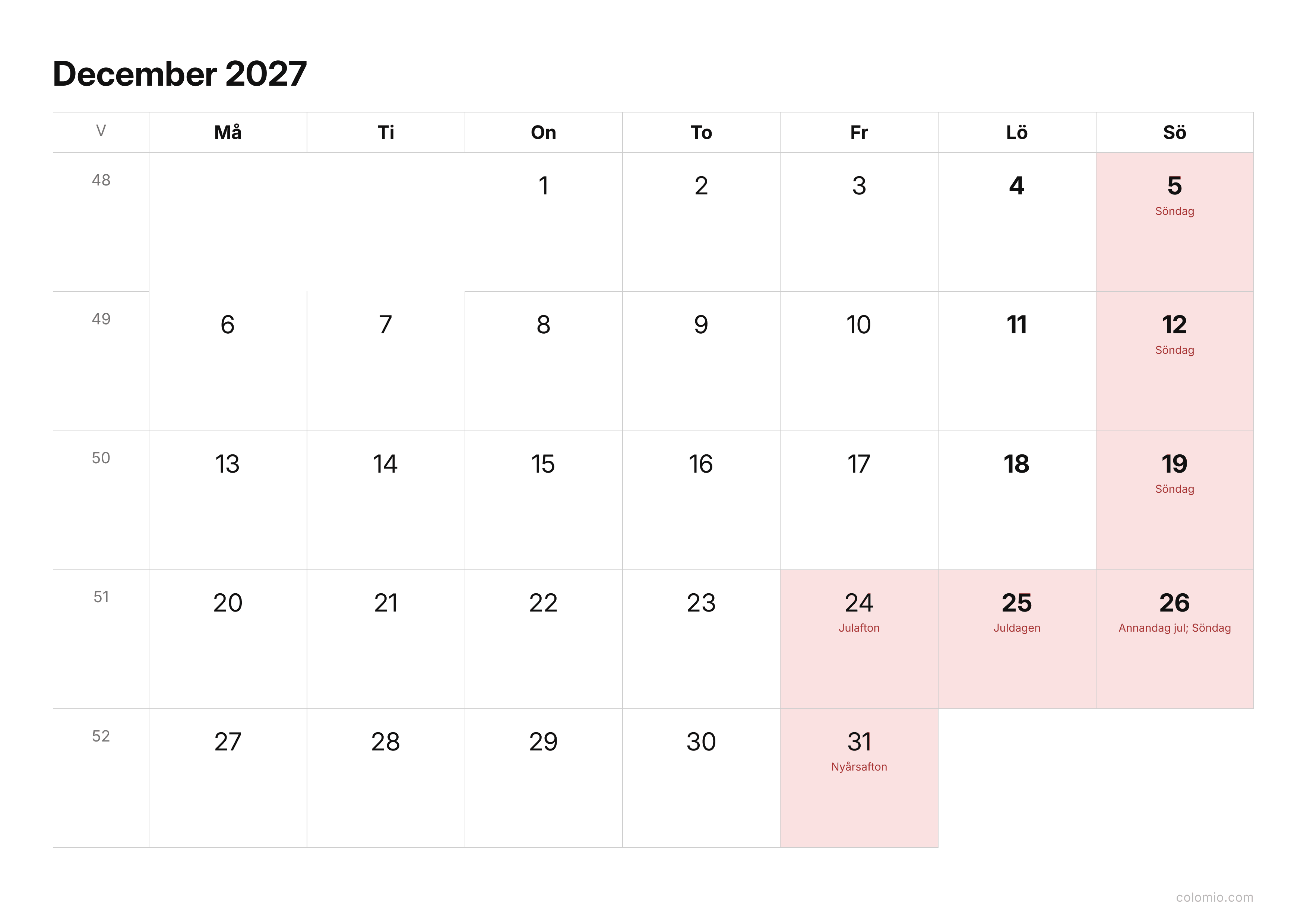 Kalender December 2027 enkel · liggande, PDF att skriva ut