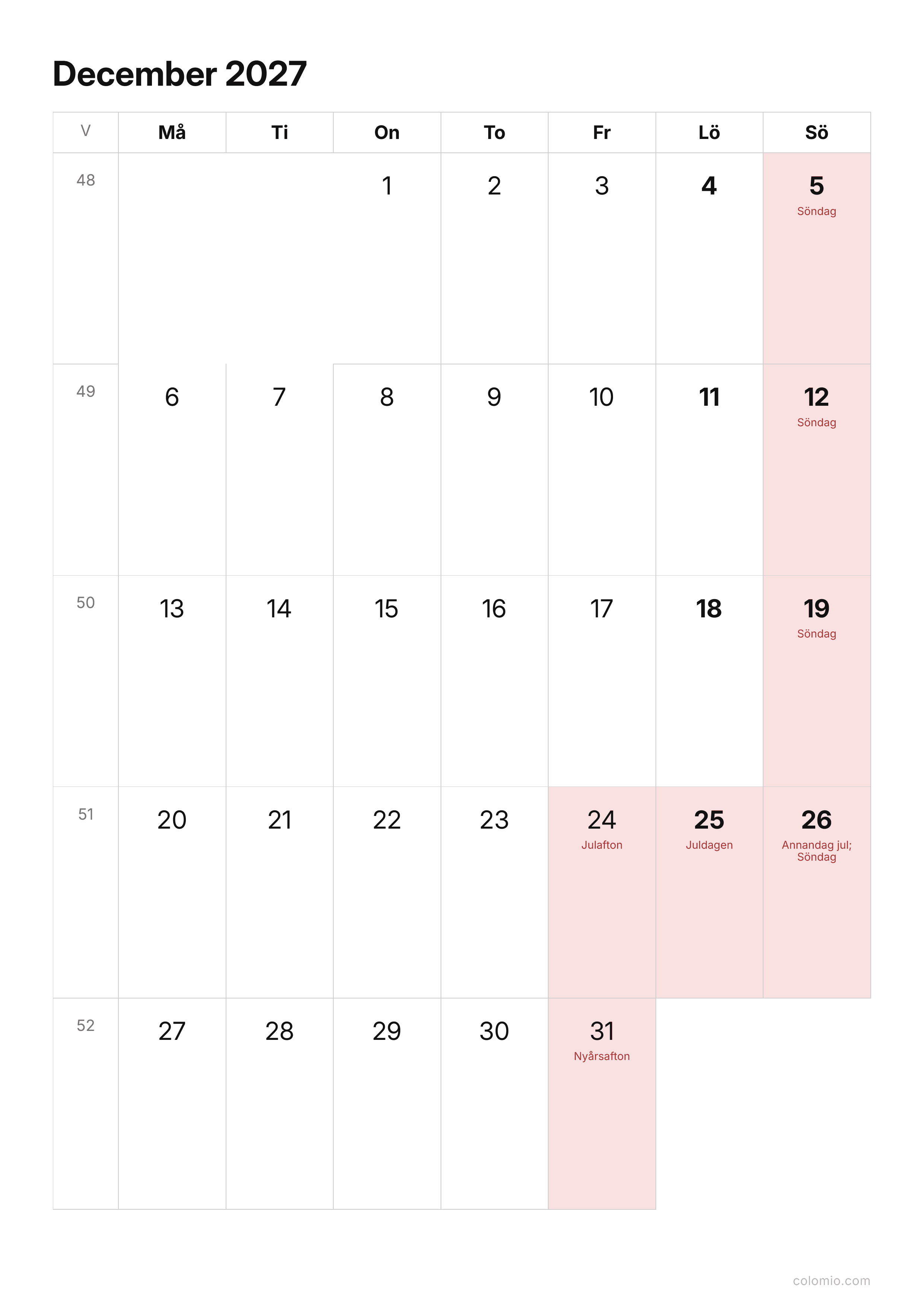 Kalender December 2027 enkel · stående, PDF att skriva ut
