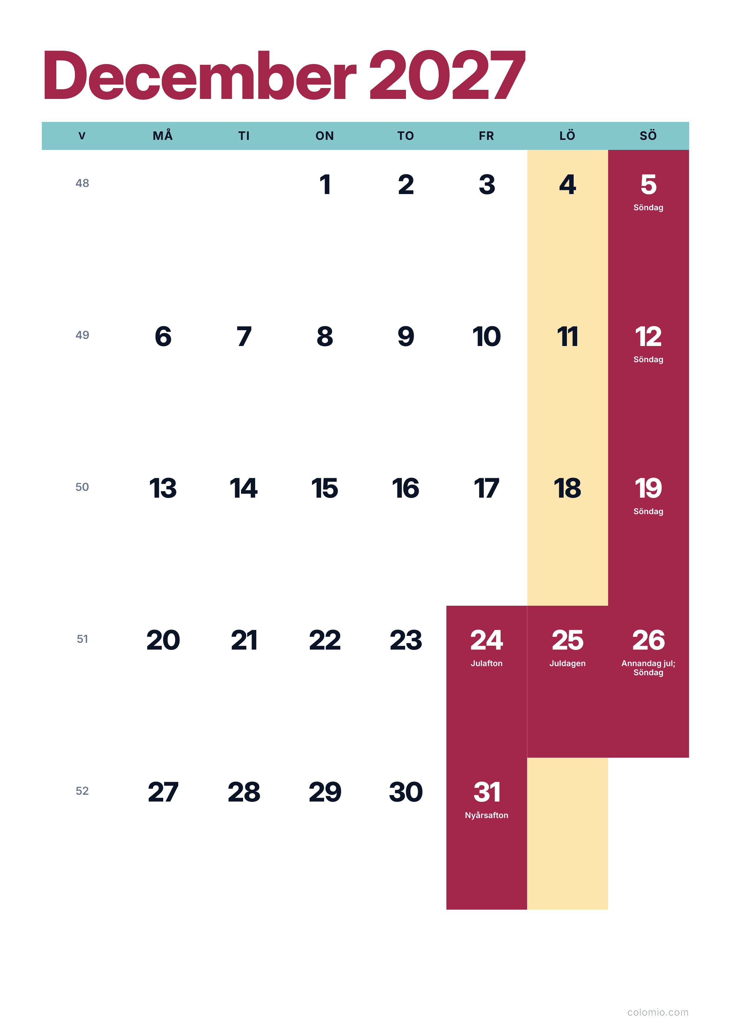 Kalender December 2027 färgglad & modern · stående, PDF att skriva ut