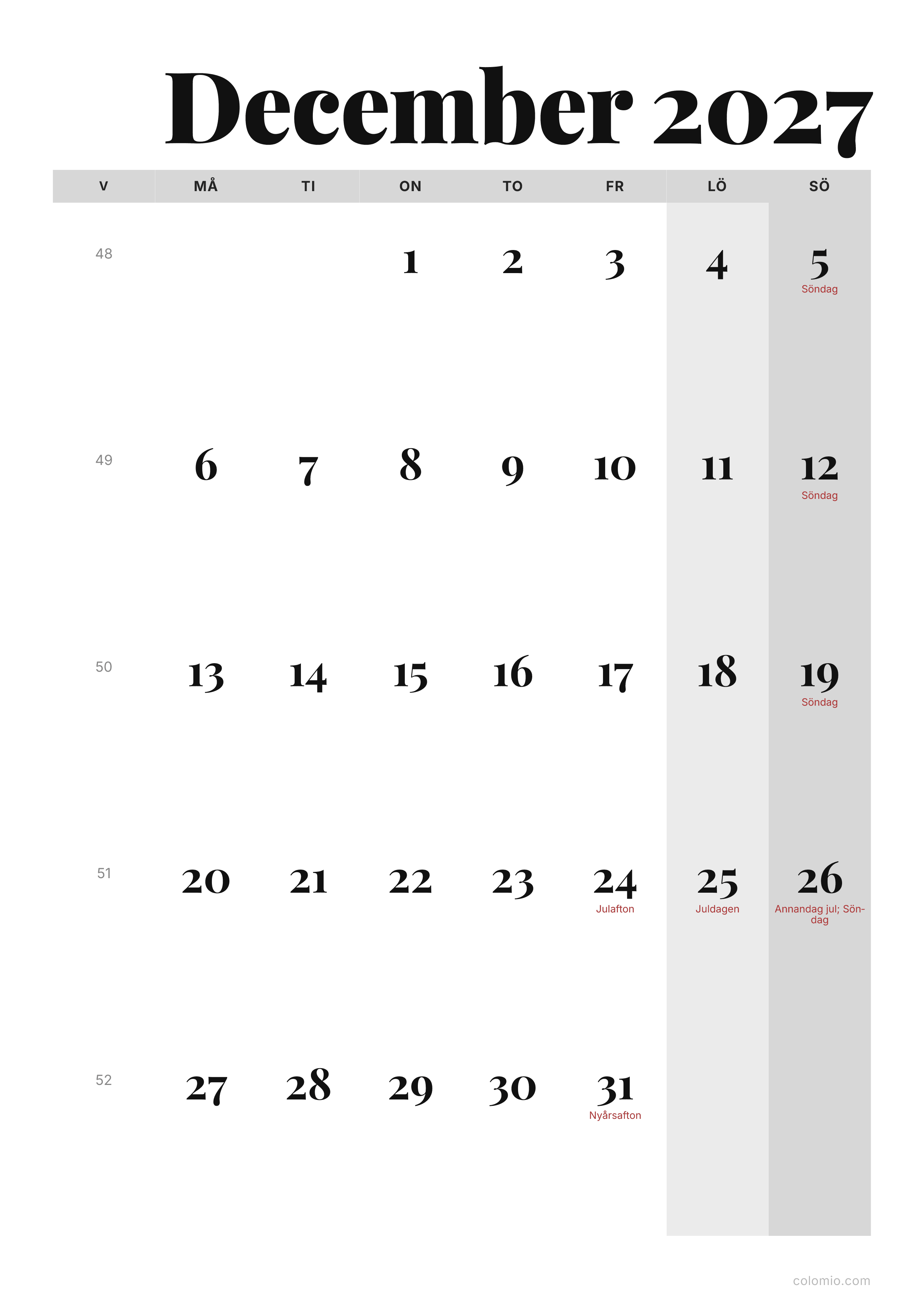 Kalender December 2027 redaktionell · stående, PDF att skriva ut