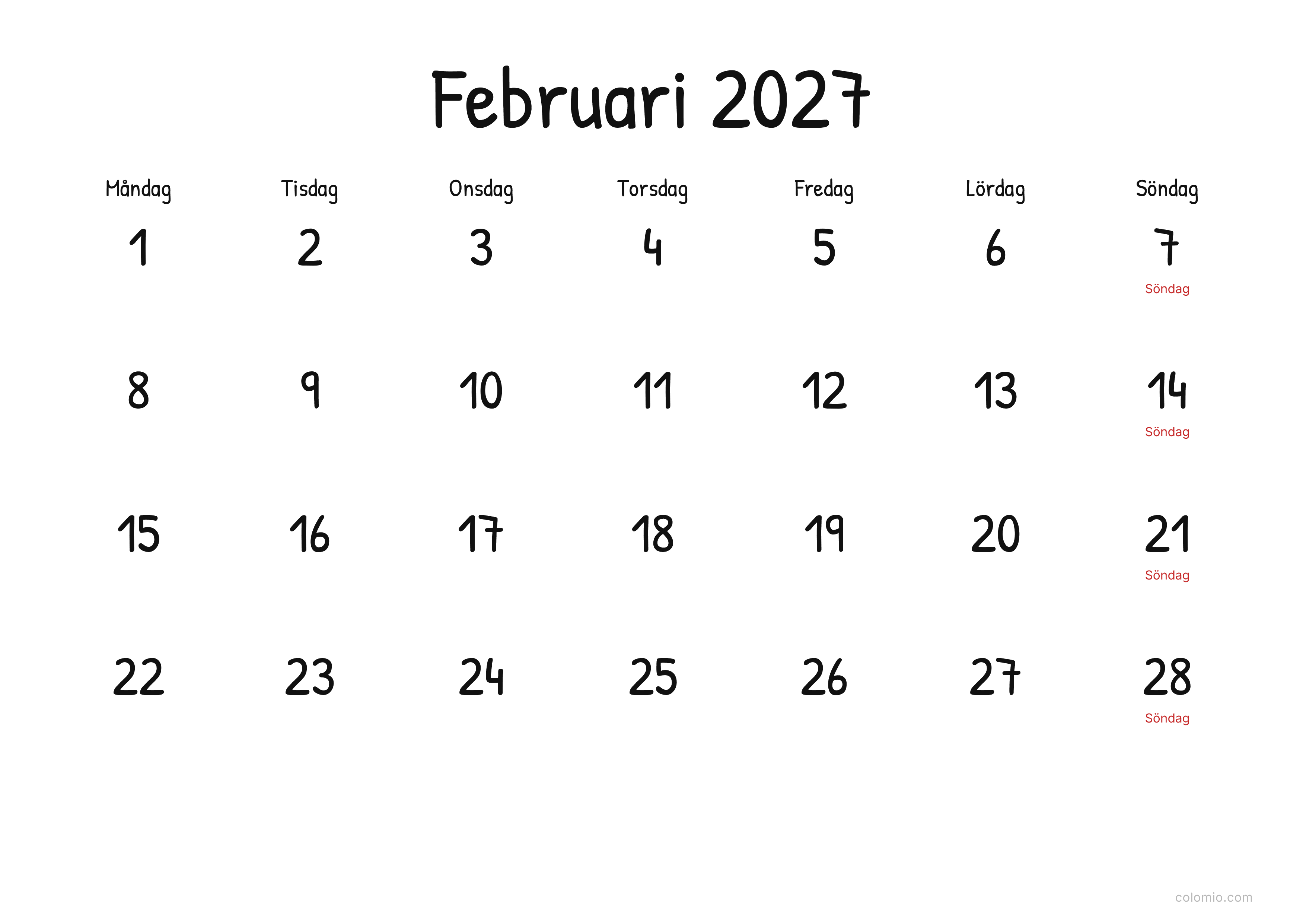 Kalender Februari 2027 display · liggande, PDF att skriva ut