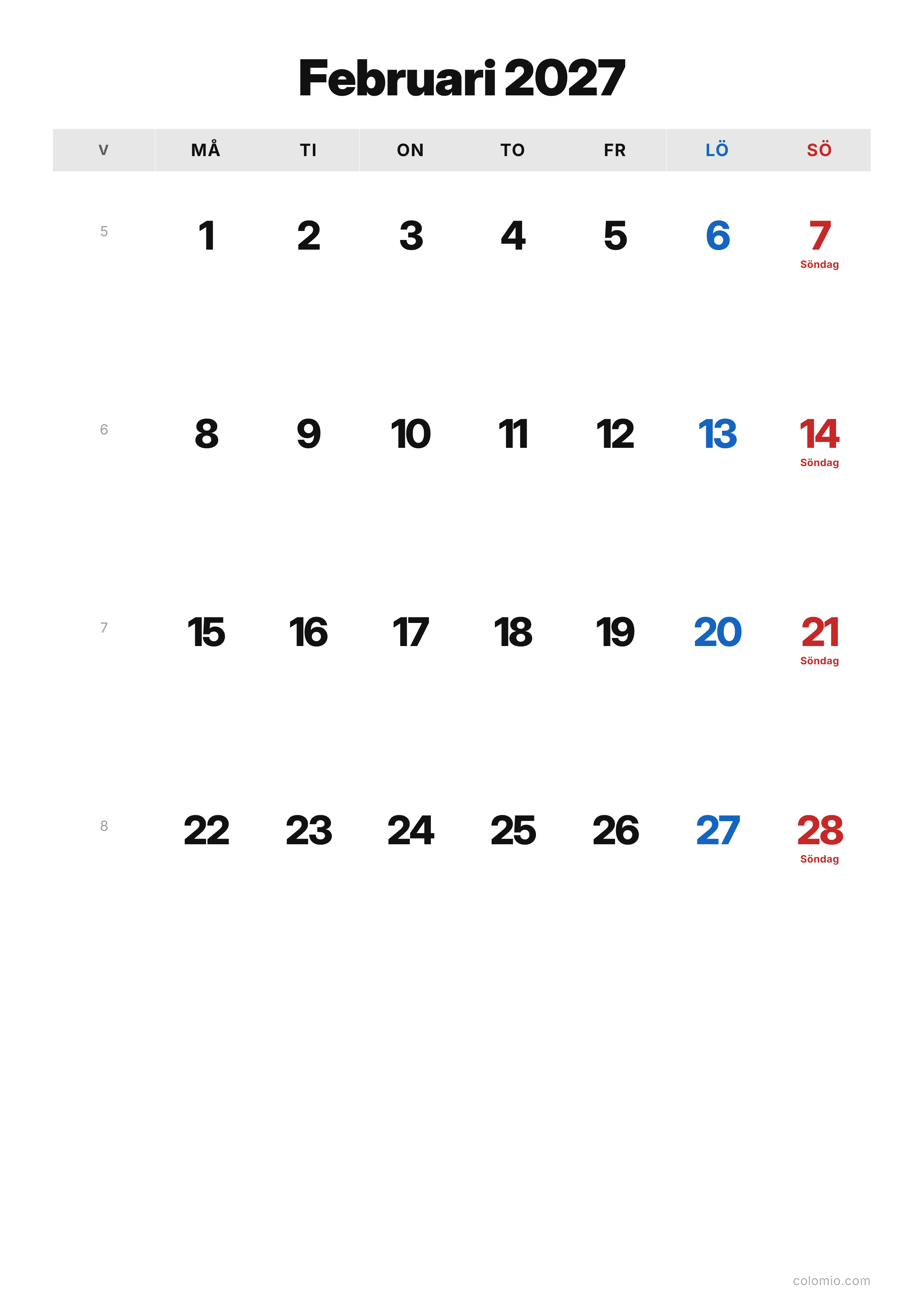 Kalender Februari 2027 klassisk · stående, PDF att skriva ut
