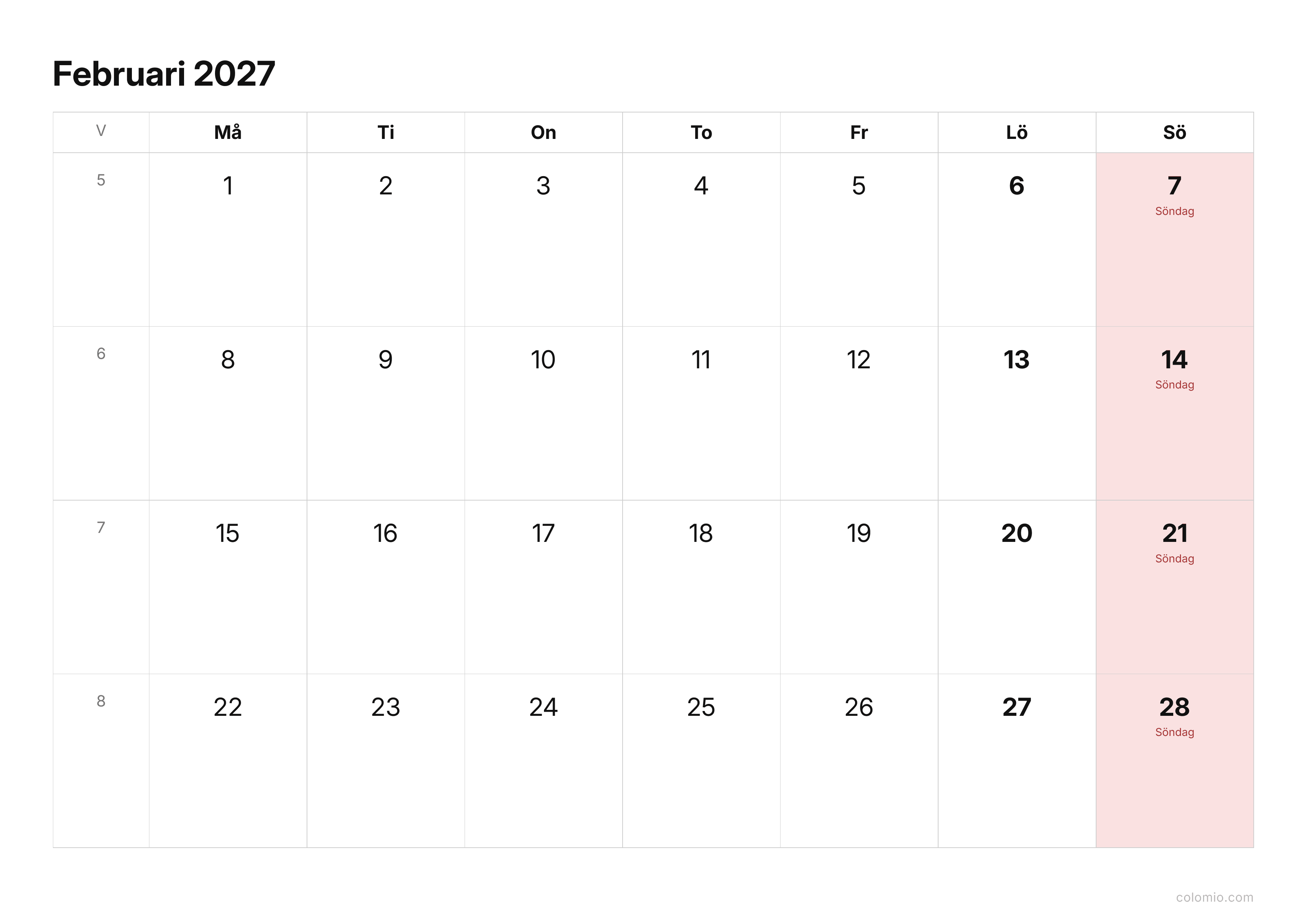 Kalender Februari 2027 enkel · liggande, PDF att skriva ut