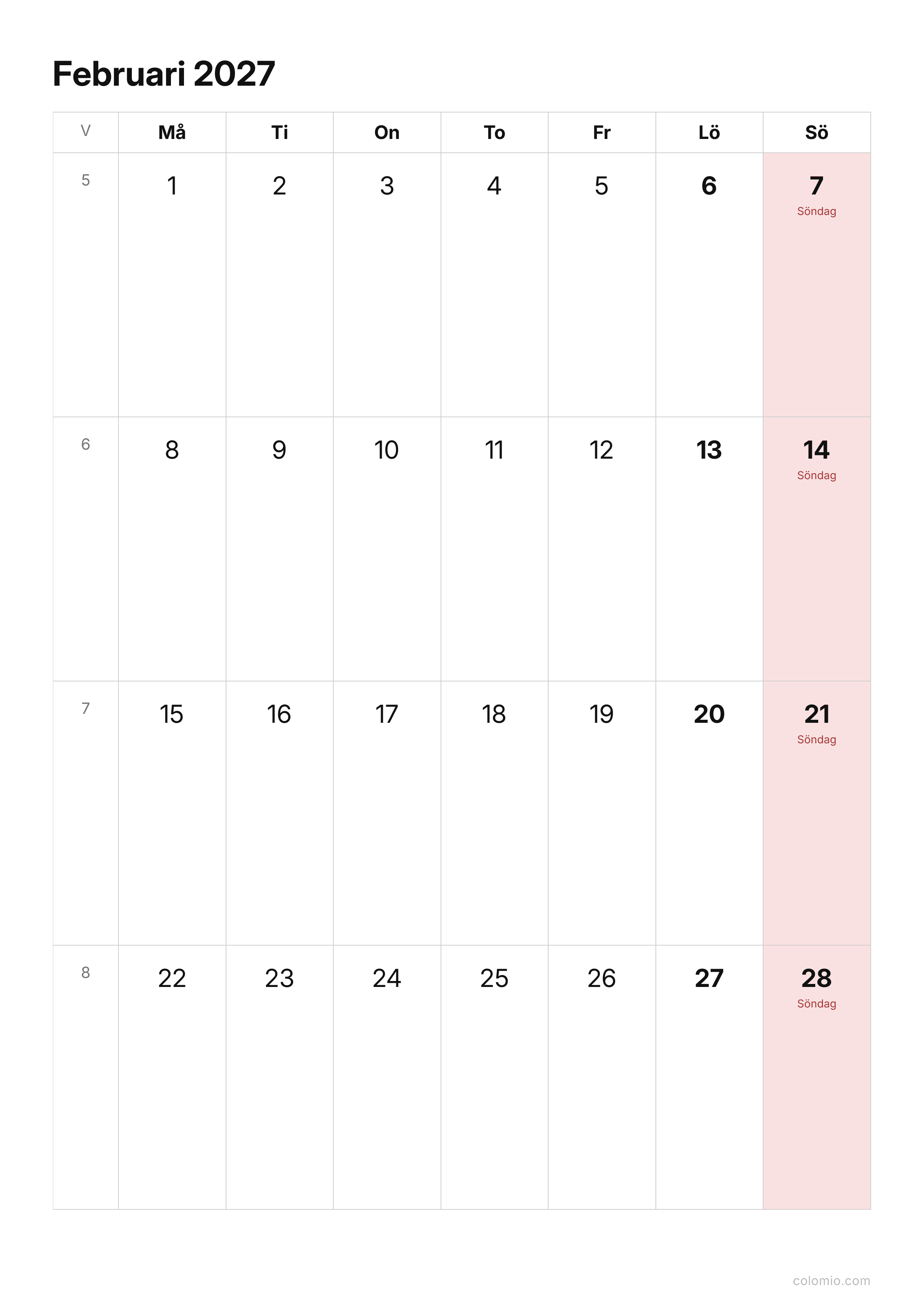 Kalender Februari 2027 enkel · stående, PDF att skriva ut