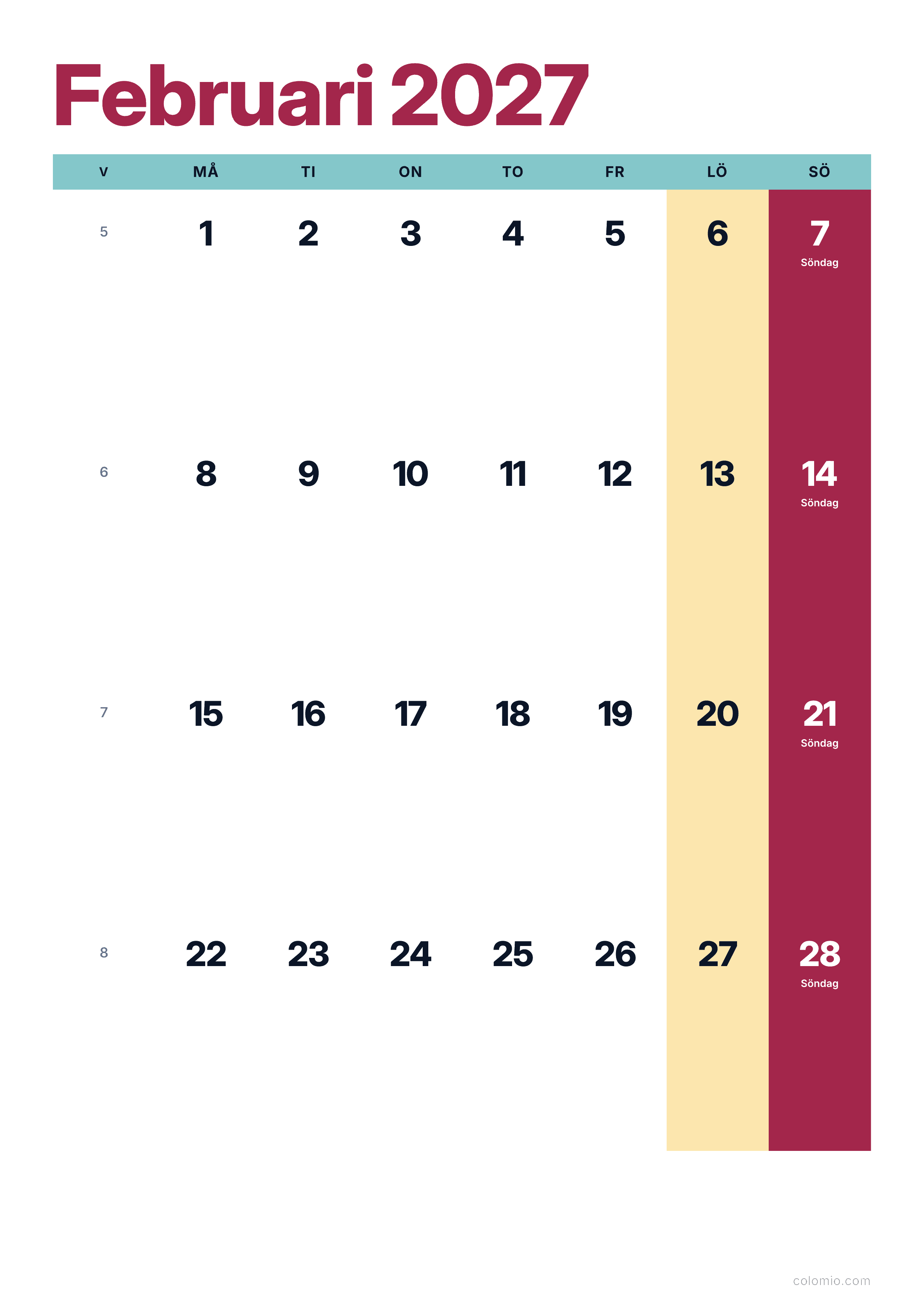 Kalender Februari 2027 färgglad & modern · stående, PDF att skriva ut