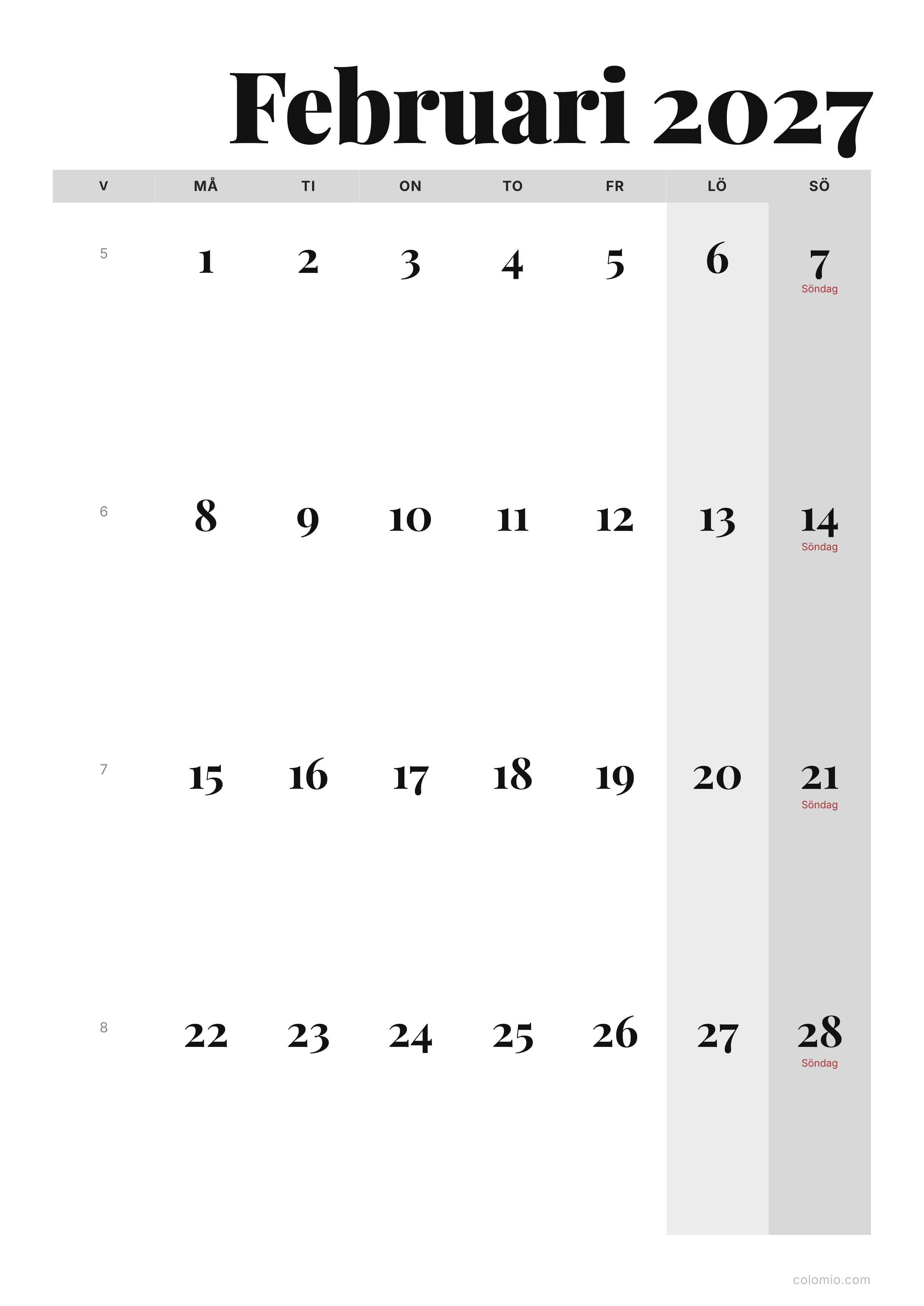Kalender Februari 2027 redaktionell · stående, PDF att skriva ut