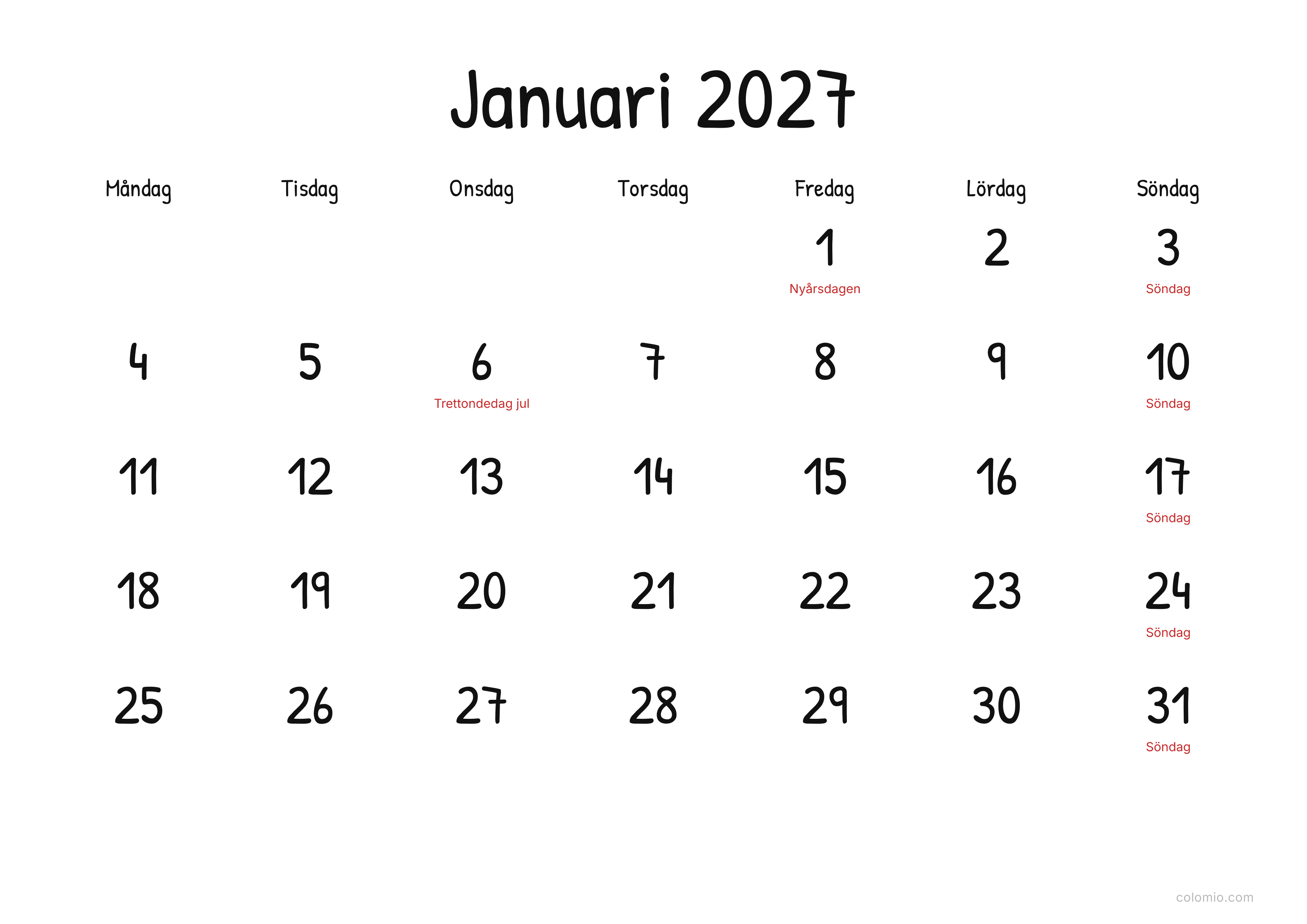 Kalender Januari 2027 display · liggande, PDF att skriva ut