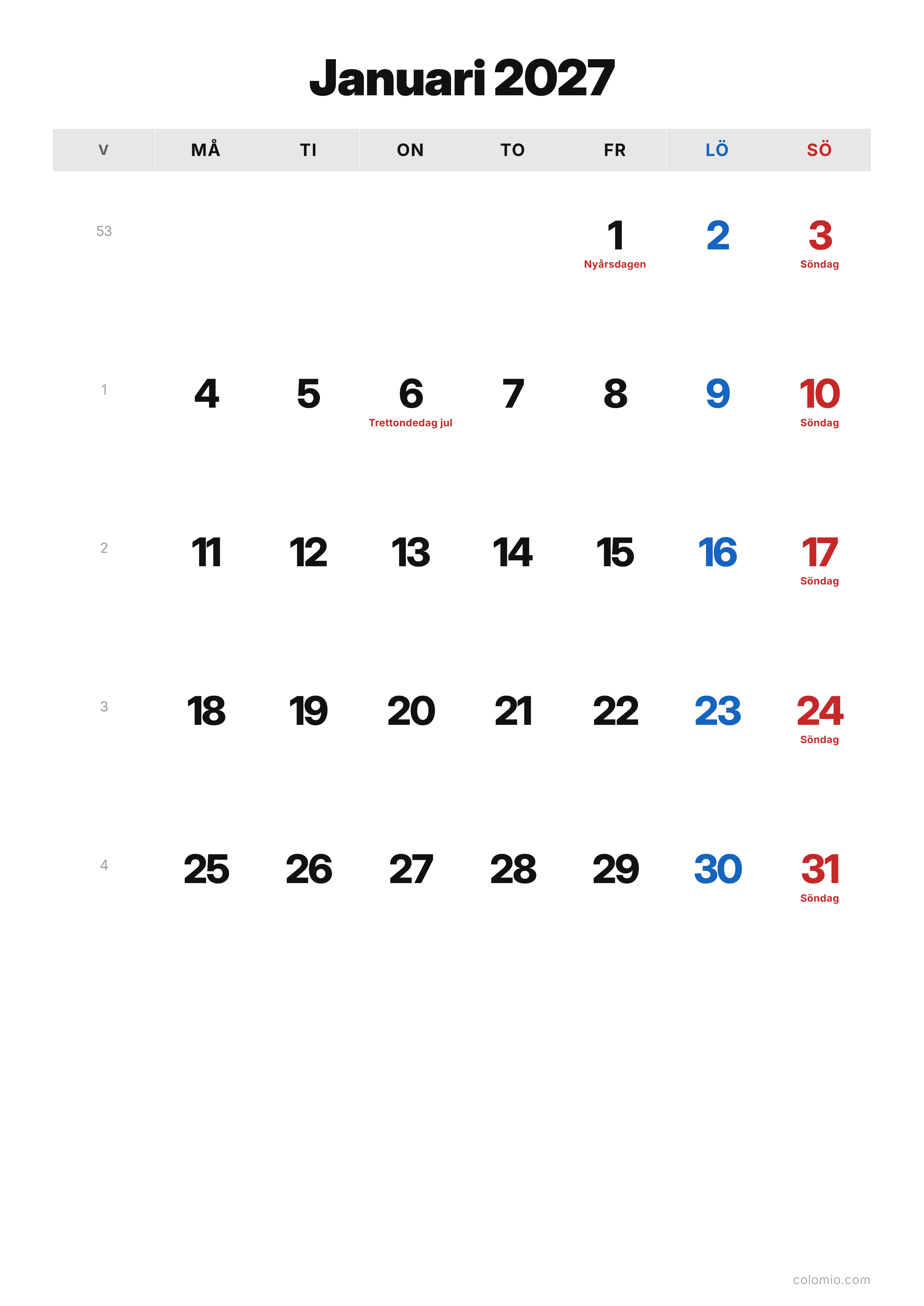 Kalender Januari 2027 klassisk · stående, PDF att skriva ut