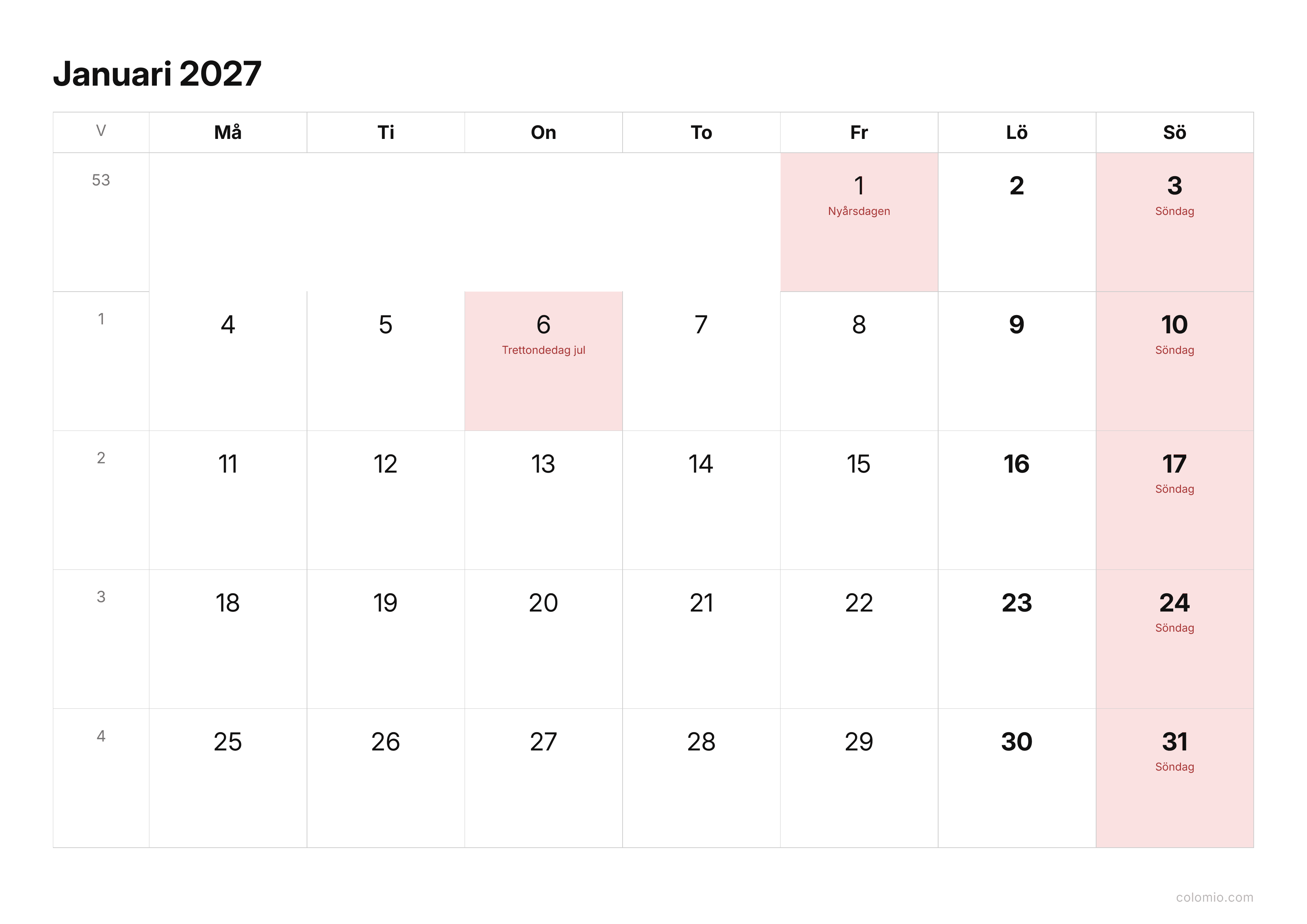 Kalender Januari 2027 enkel · liggande, PDF att skriva ut
