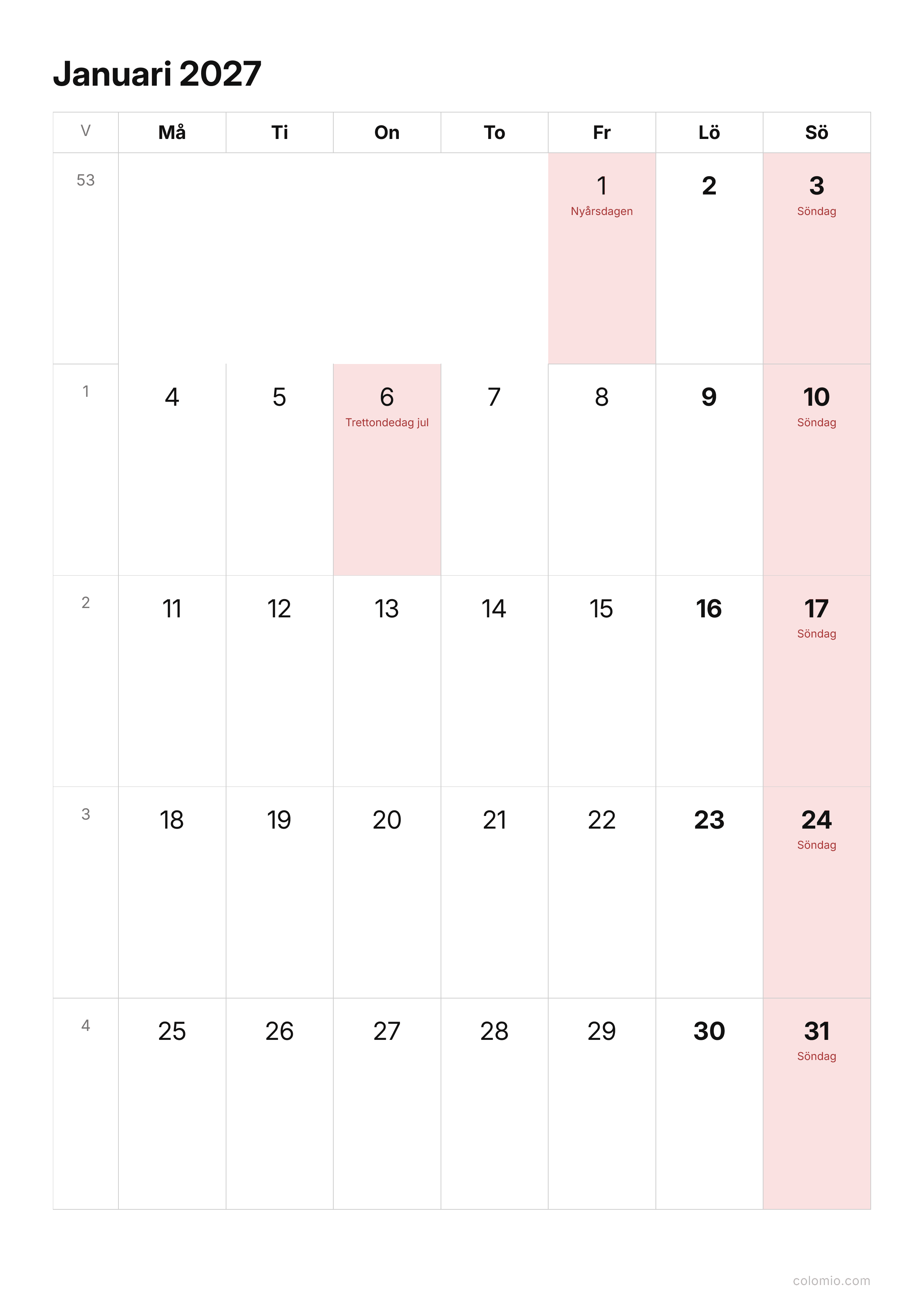 Kalender Januari 2027 enkel · stående, PDF att skriva ut