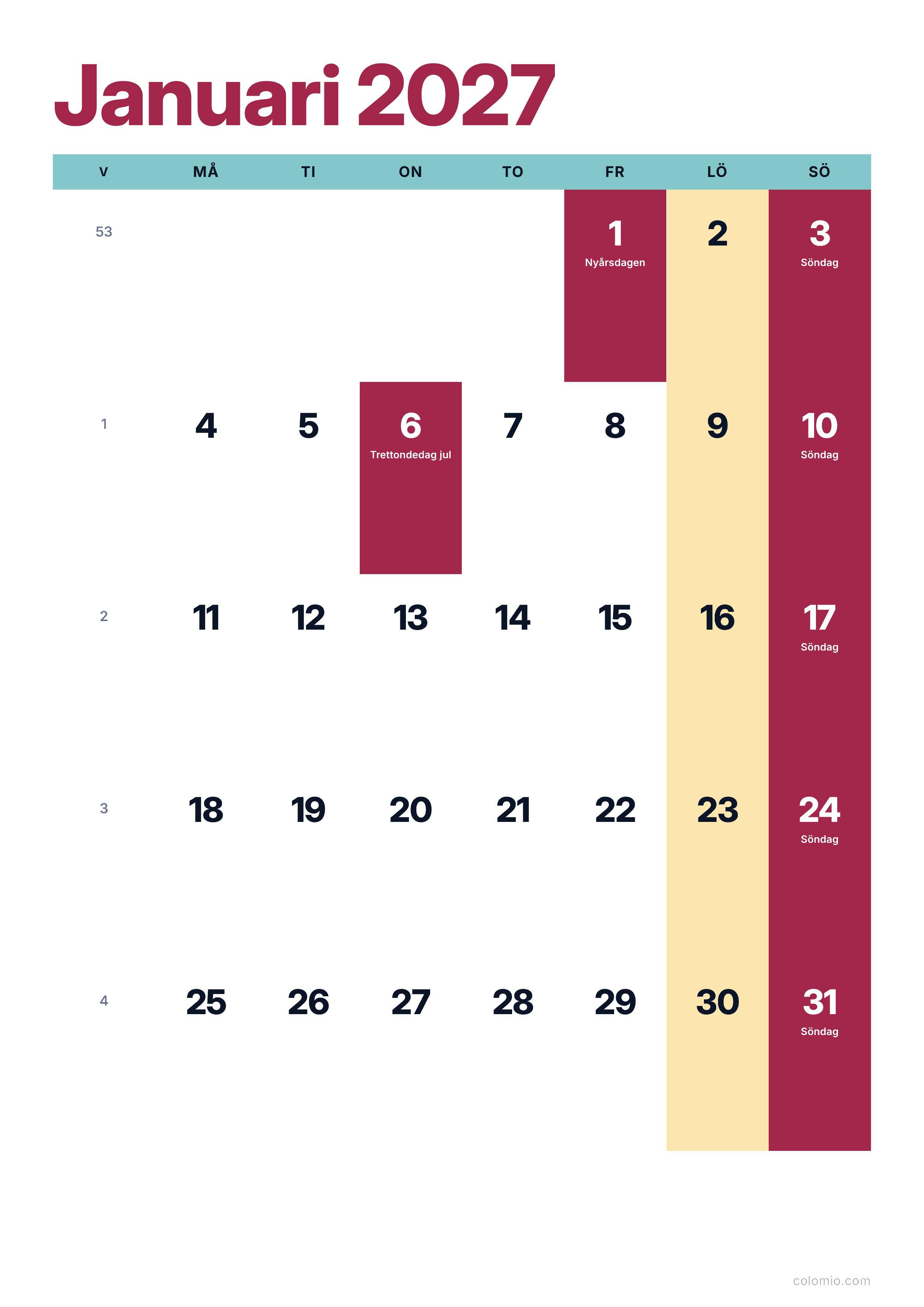 Kalender Januari 2027 färgglad & modern · stående, PDF att skriva ut
