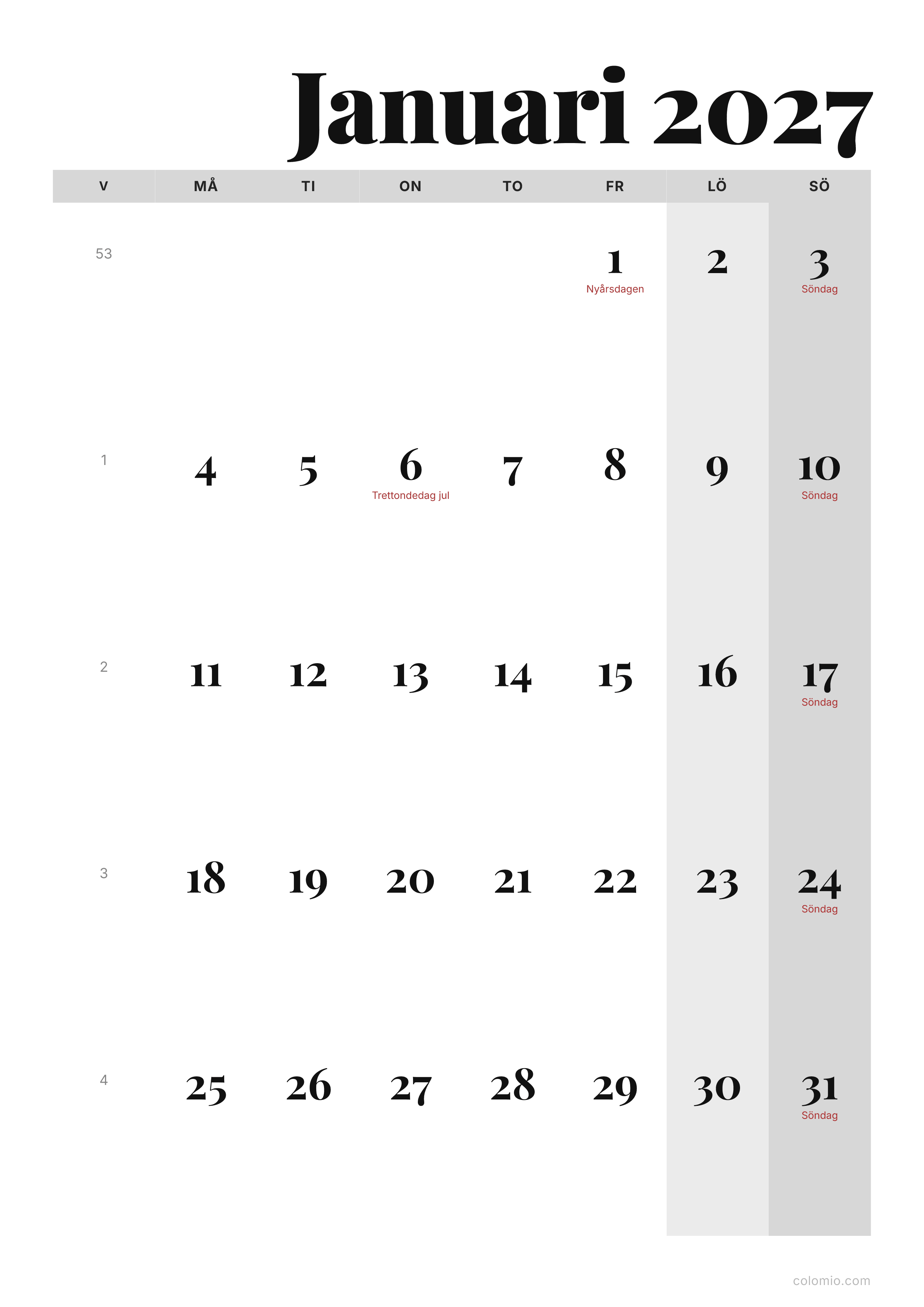 Kalender Januari 2027 redaktionell · stående, PDF att skriva ut