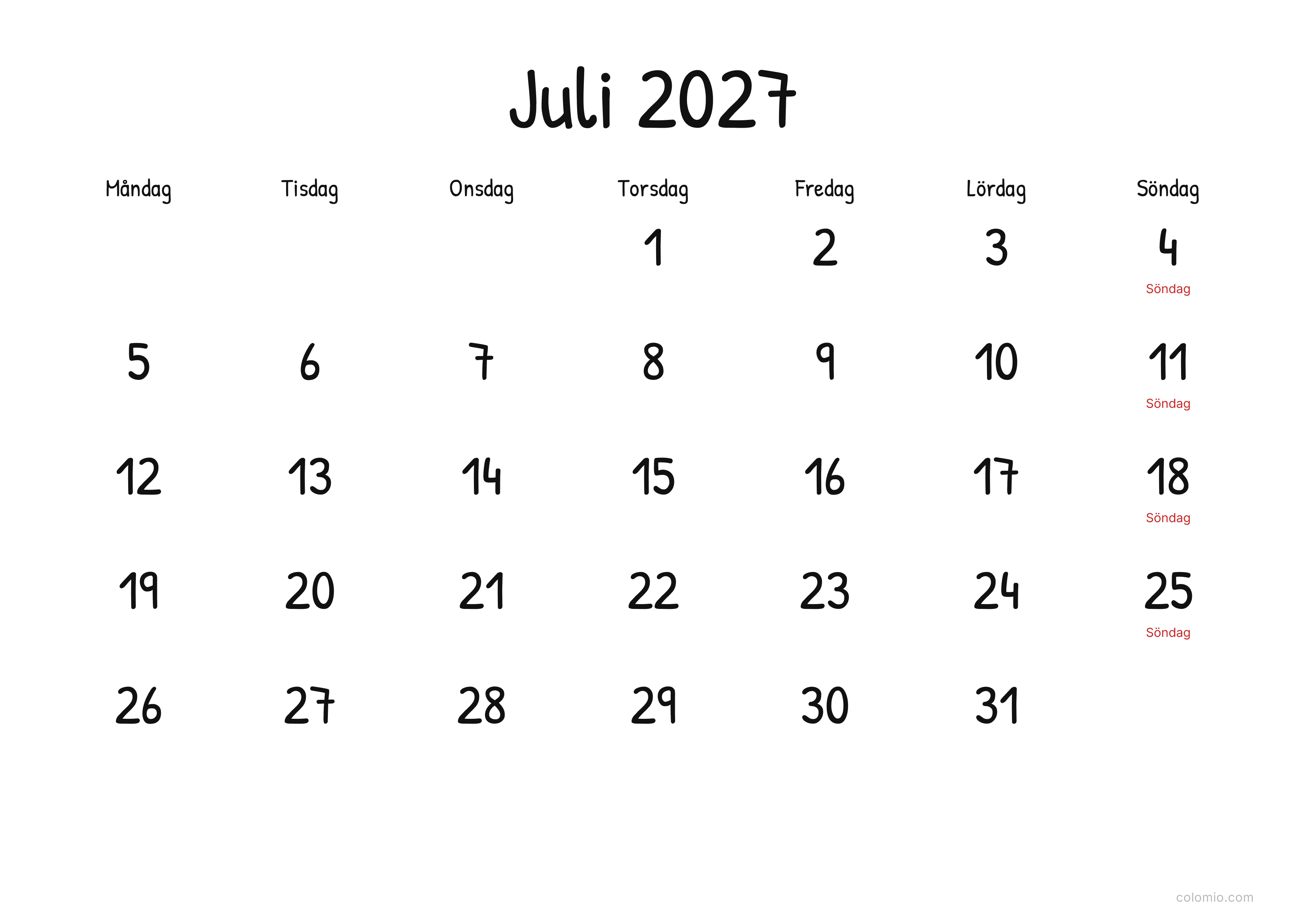 Kalender Juli 2027 display · liggande, PDF att skriva ut