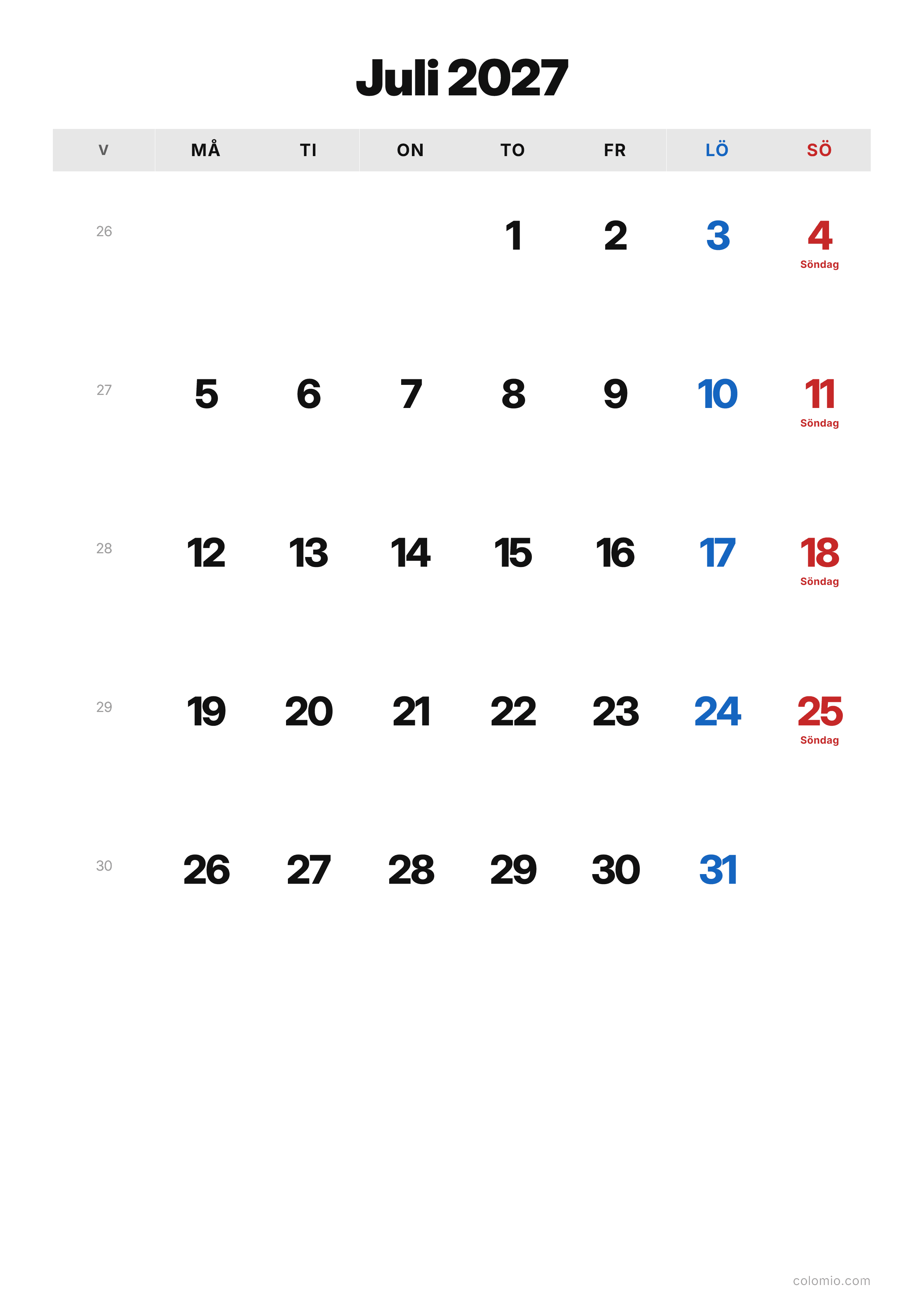 Kalender Juli 2027 klassisk · stående, PDF att skriva ut