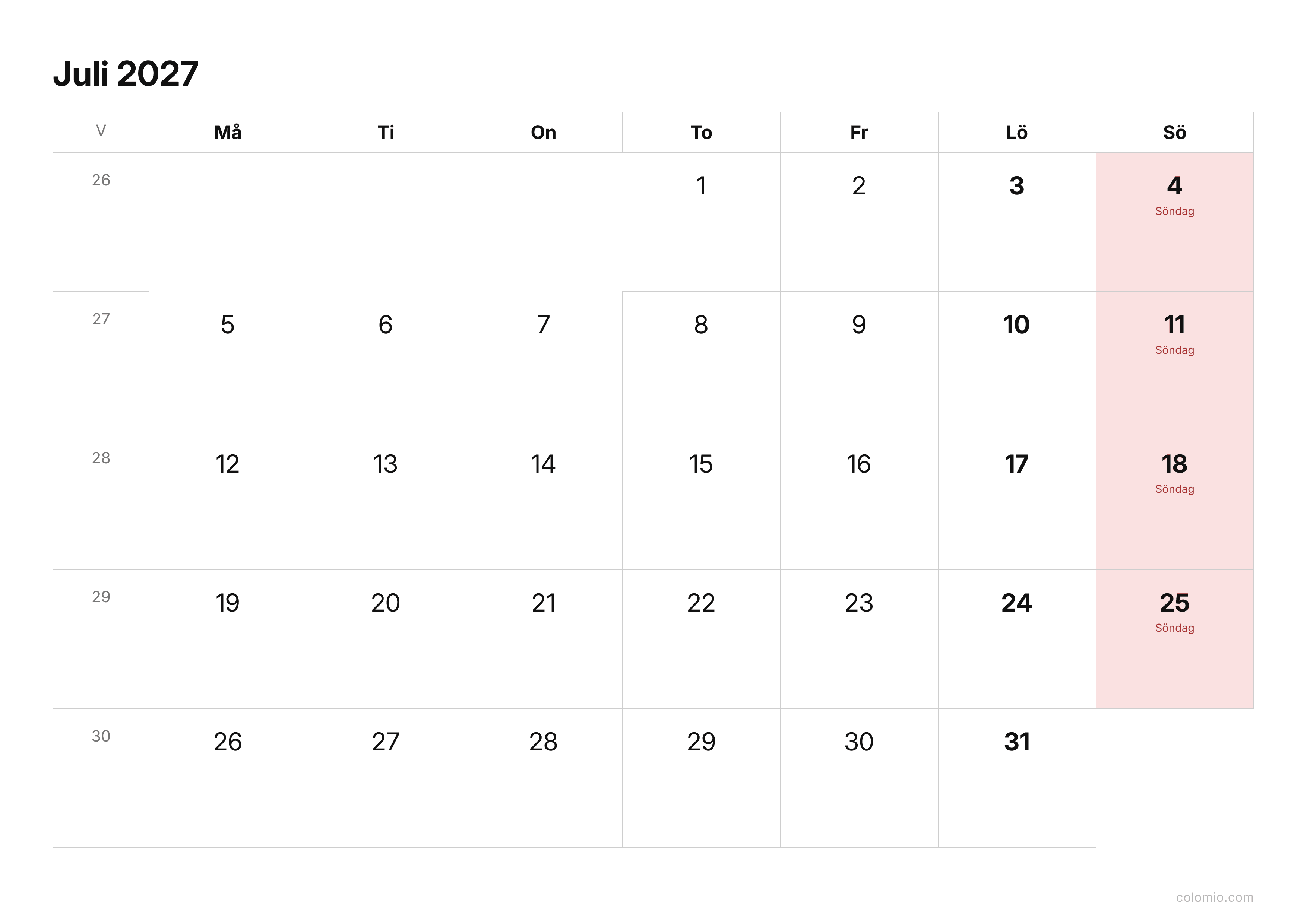 Kalender Juli 2027 enkel · liggande, PDF att skriva ut