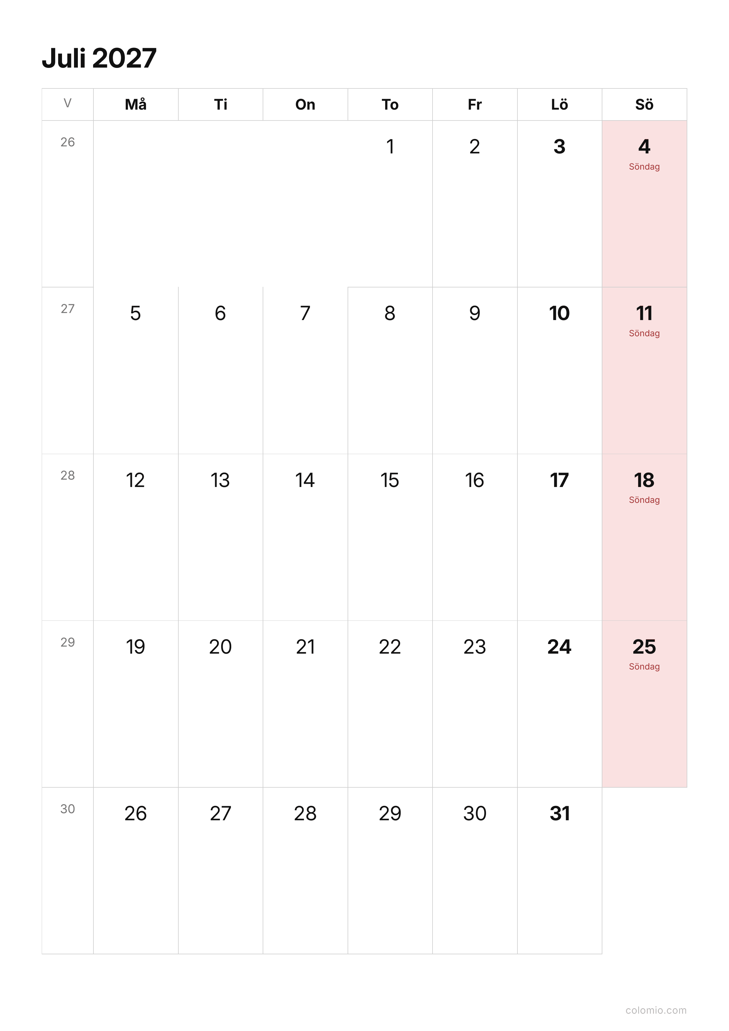 Kalender Juli 2027 enkel · stående, PDF att skriva ut