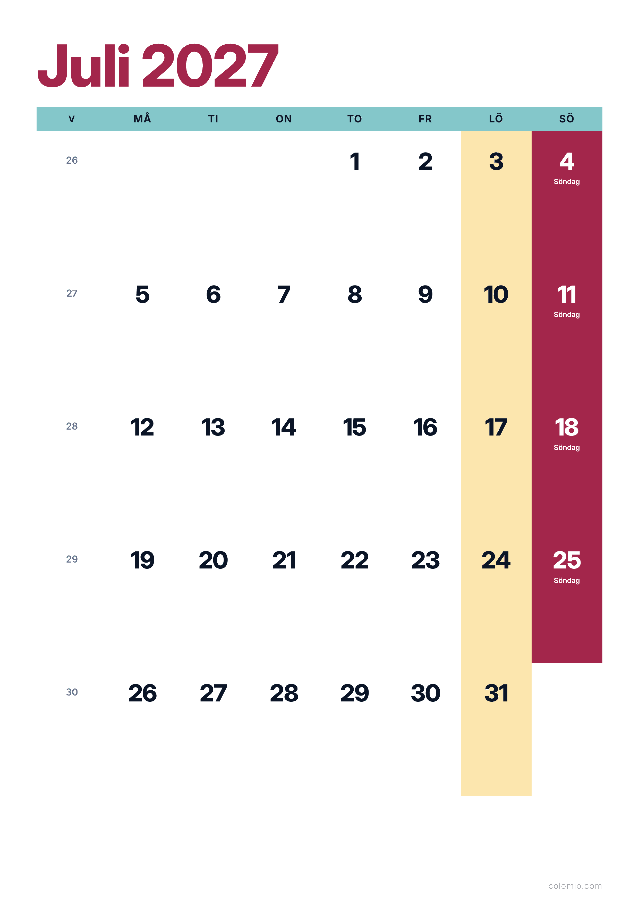 Kalender Juli 2027 färgglad & modern · stående, PDF att skriva ut