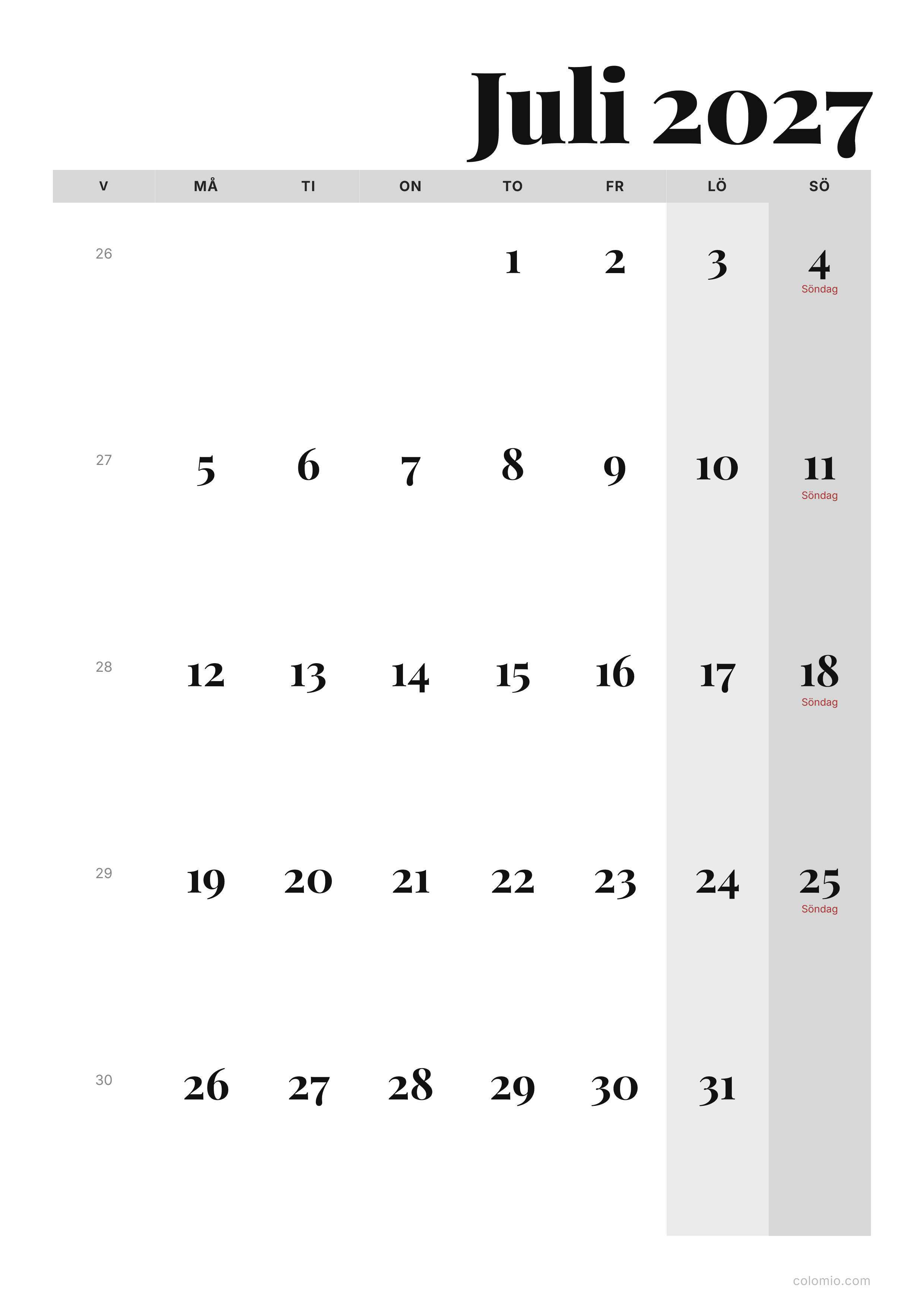 Kalender Juli 2027 redaktionell · stående, PDF att skriva ut