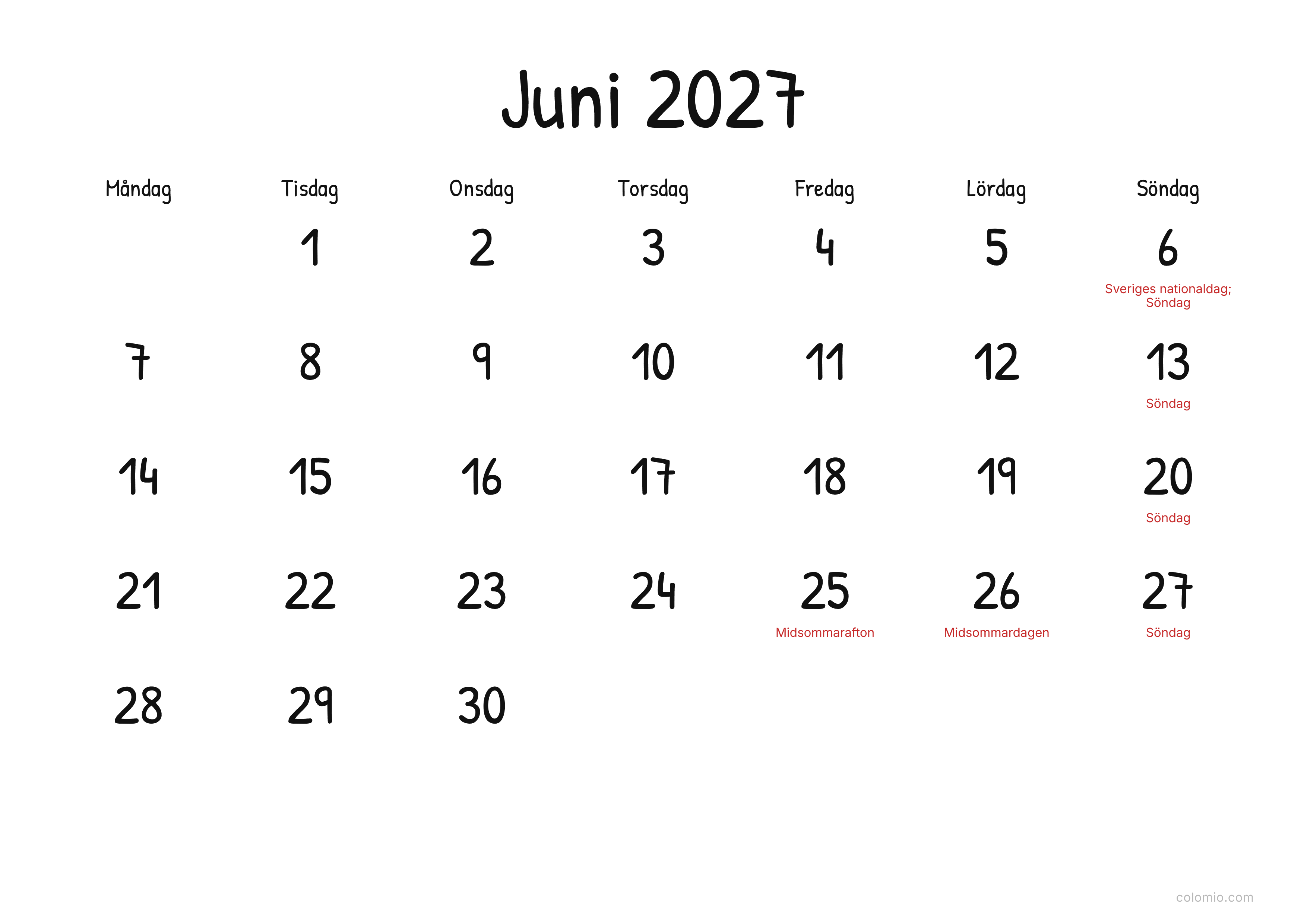 Kalender Juni 2027 display · liggande, PDF att skriva ut