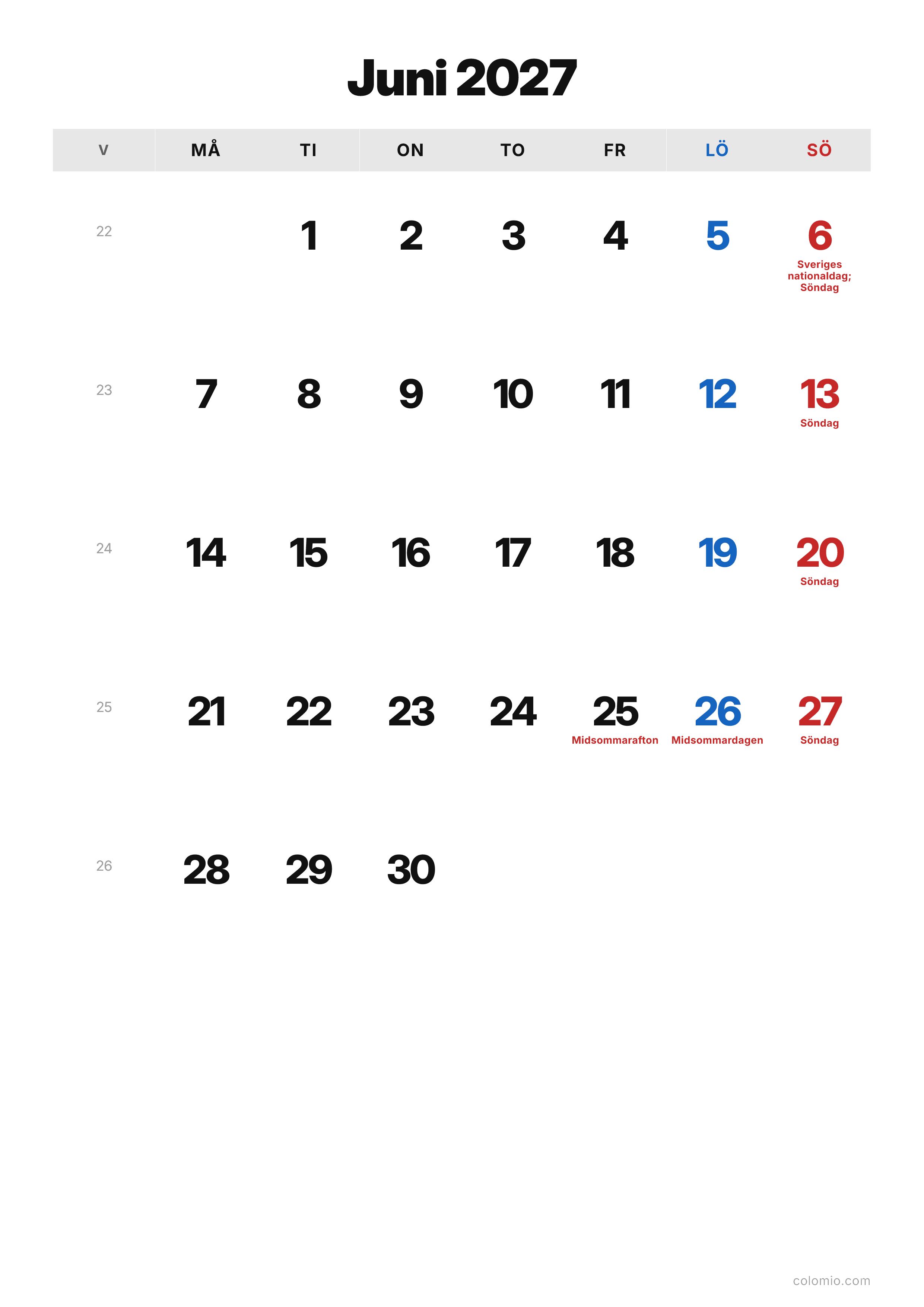 Kalender Juni 2027 klassisk · stående, PDF att skriva ut