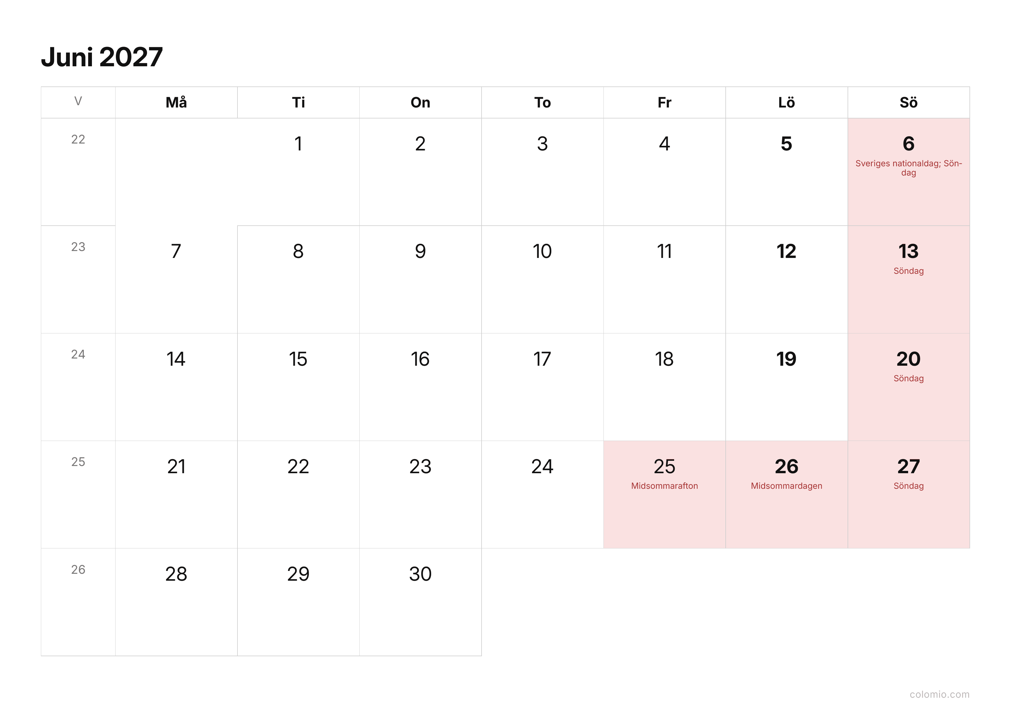 Kalender Juni 2027 enkel · liggande, PDF att skriva ut