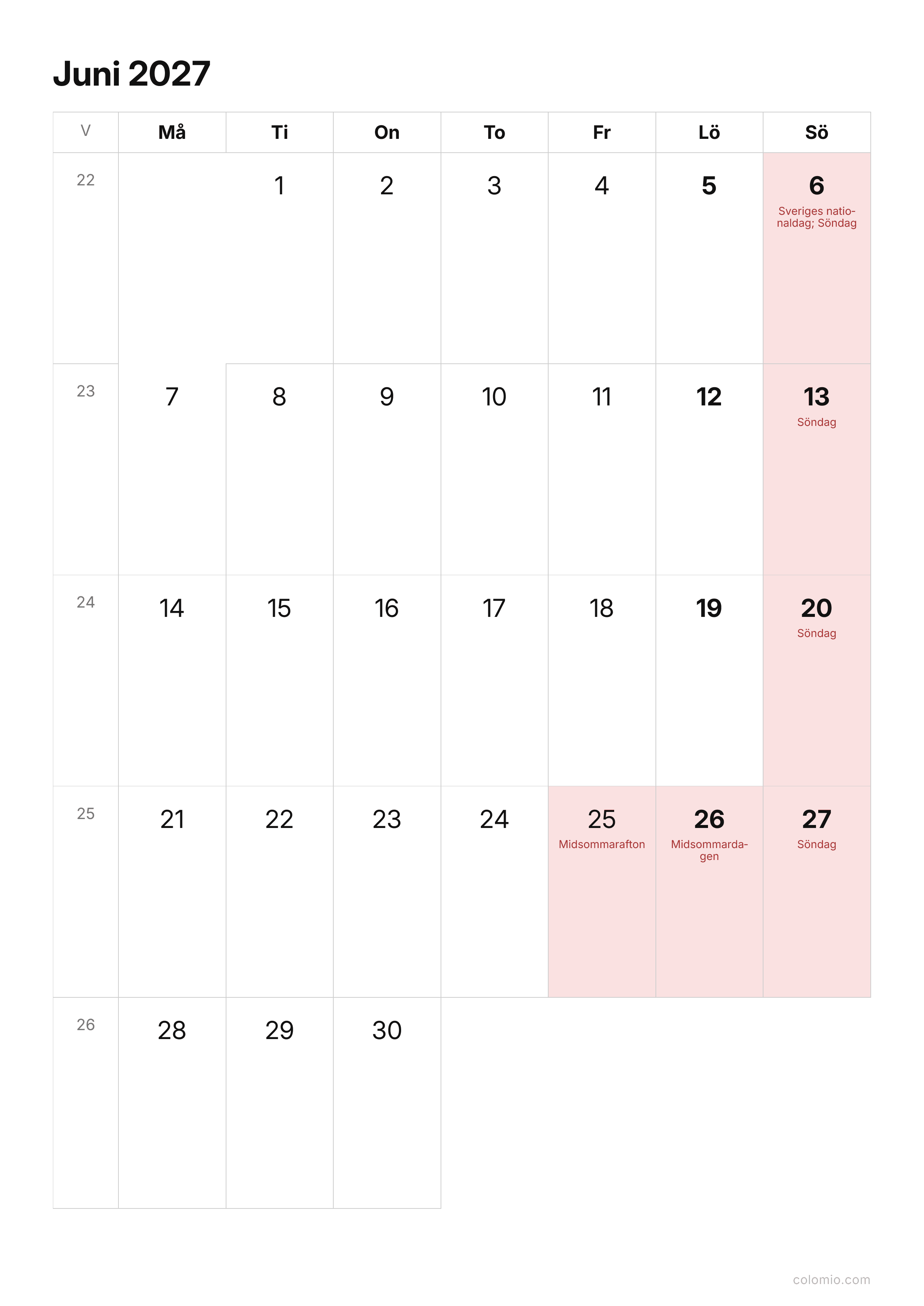 Kalender Juni 2027 enkel · stående, PDF att skriva ut
