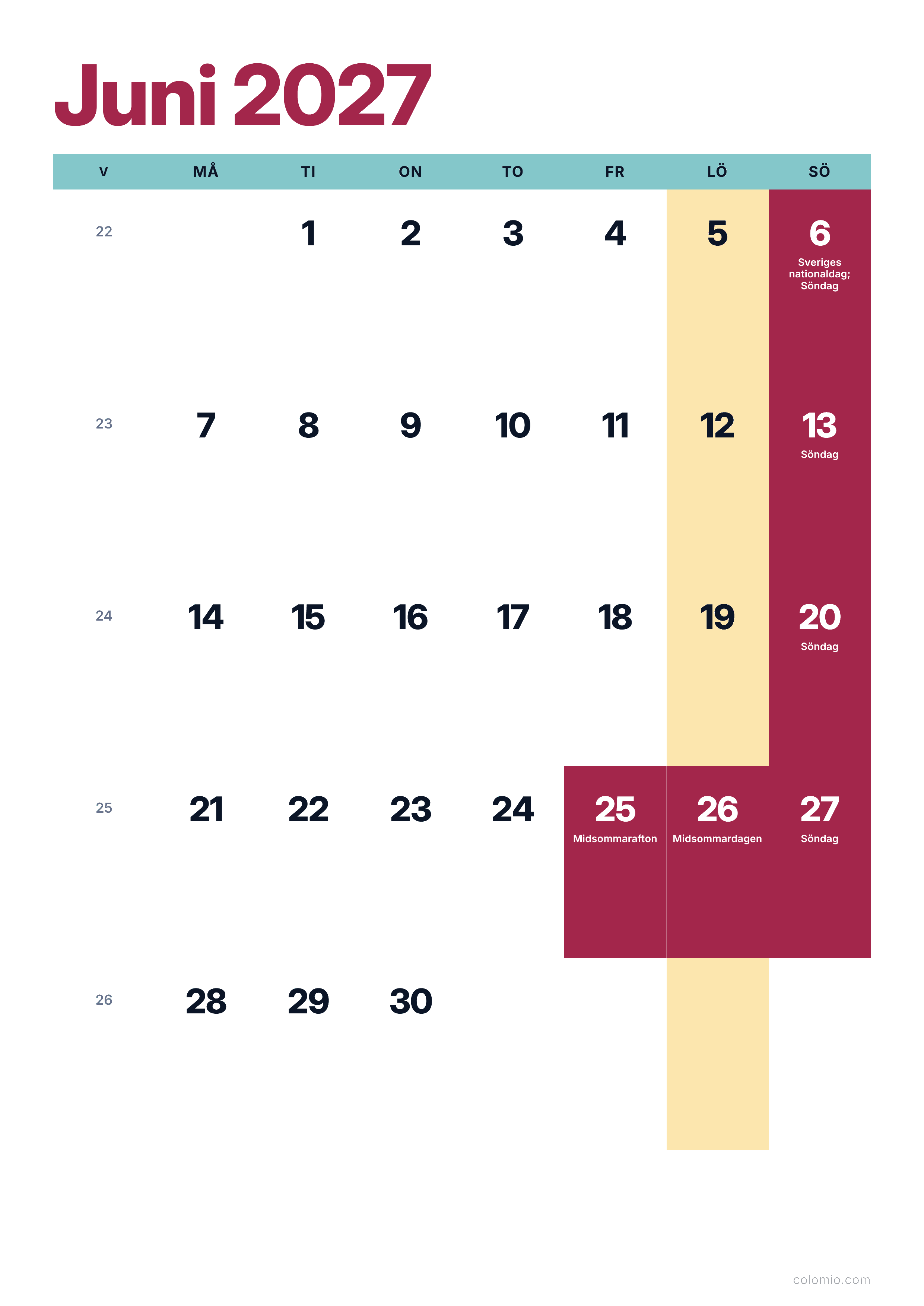 Kalender Juni 2027 färgglad & modern · stående, PDF att skriva ut