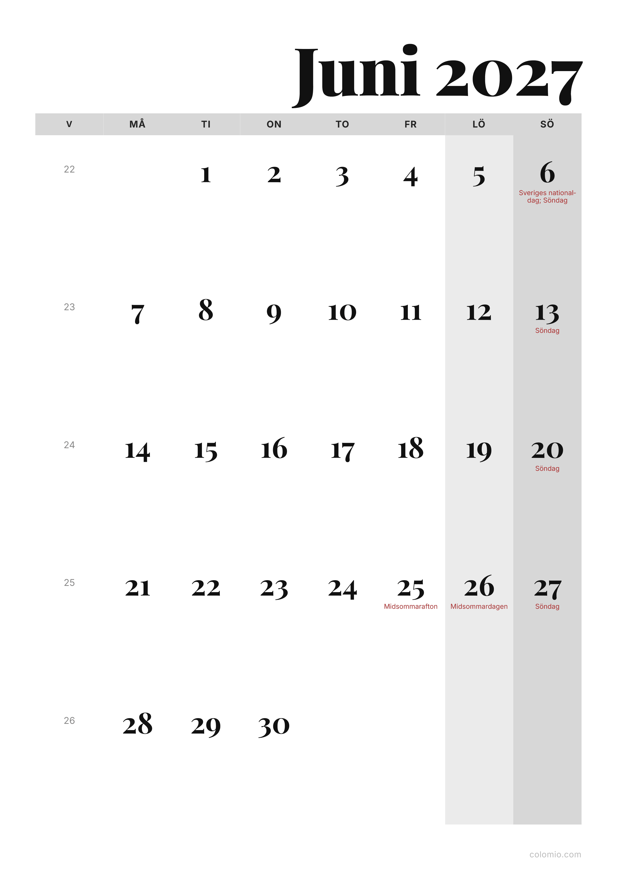 Kalender Juni 2027 redaktionell · stående, PDF att skriva ut