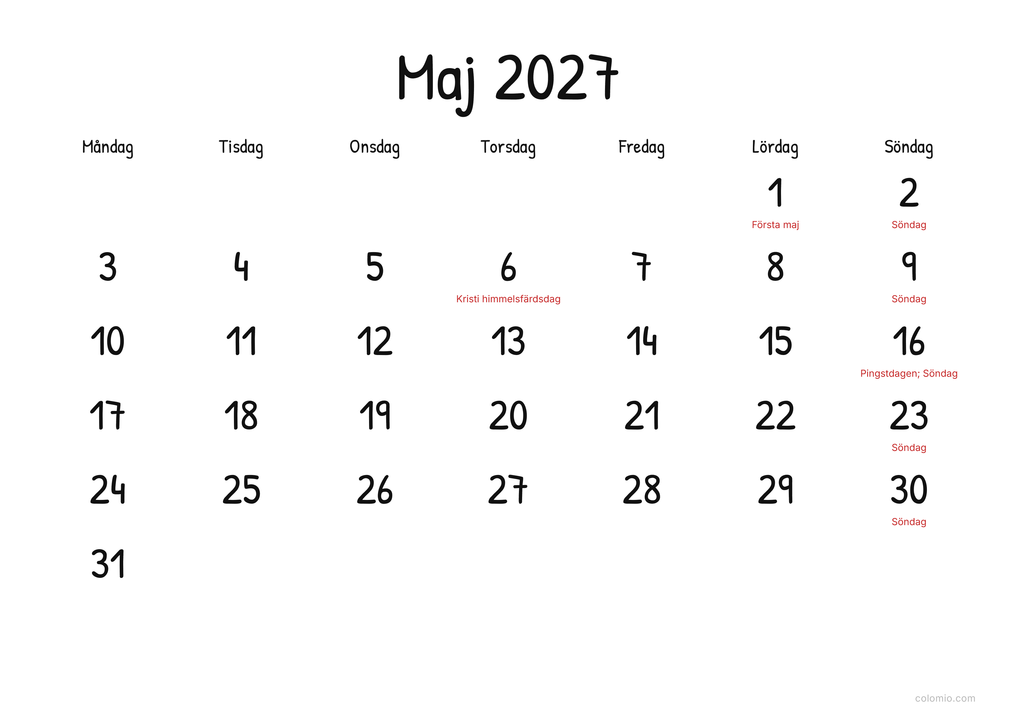 Kalender Maj 2027 display · liggande, PDF att skriva ut
