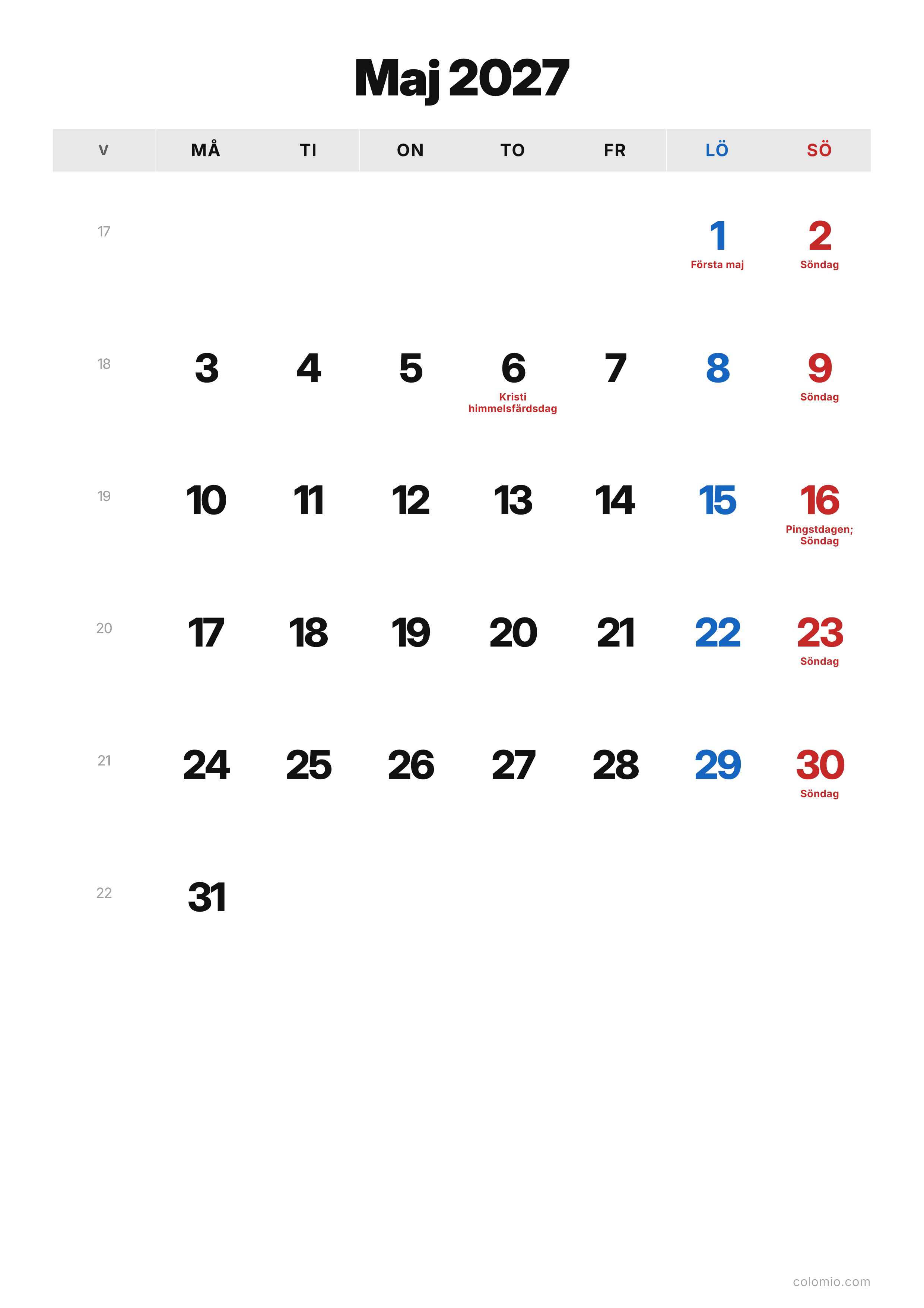 Kalender Maj 2027 klassisk · stående, PDF att skriva ut