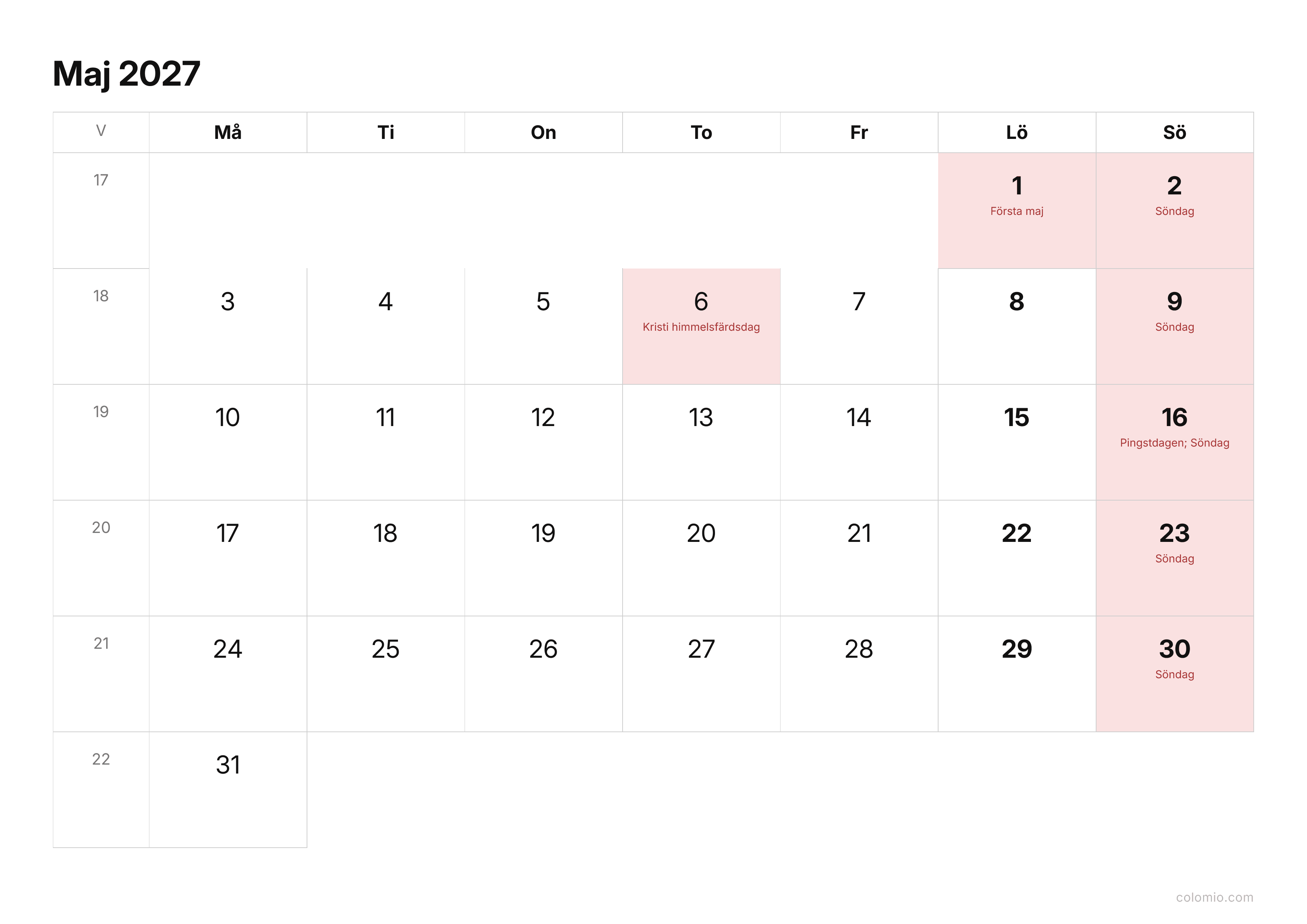 Kalender Maj 2027 enkel · liggande, PDF att skriva ut