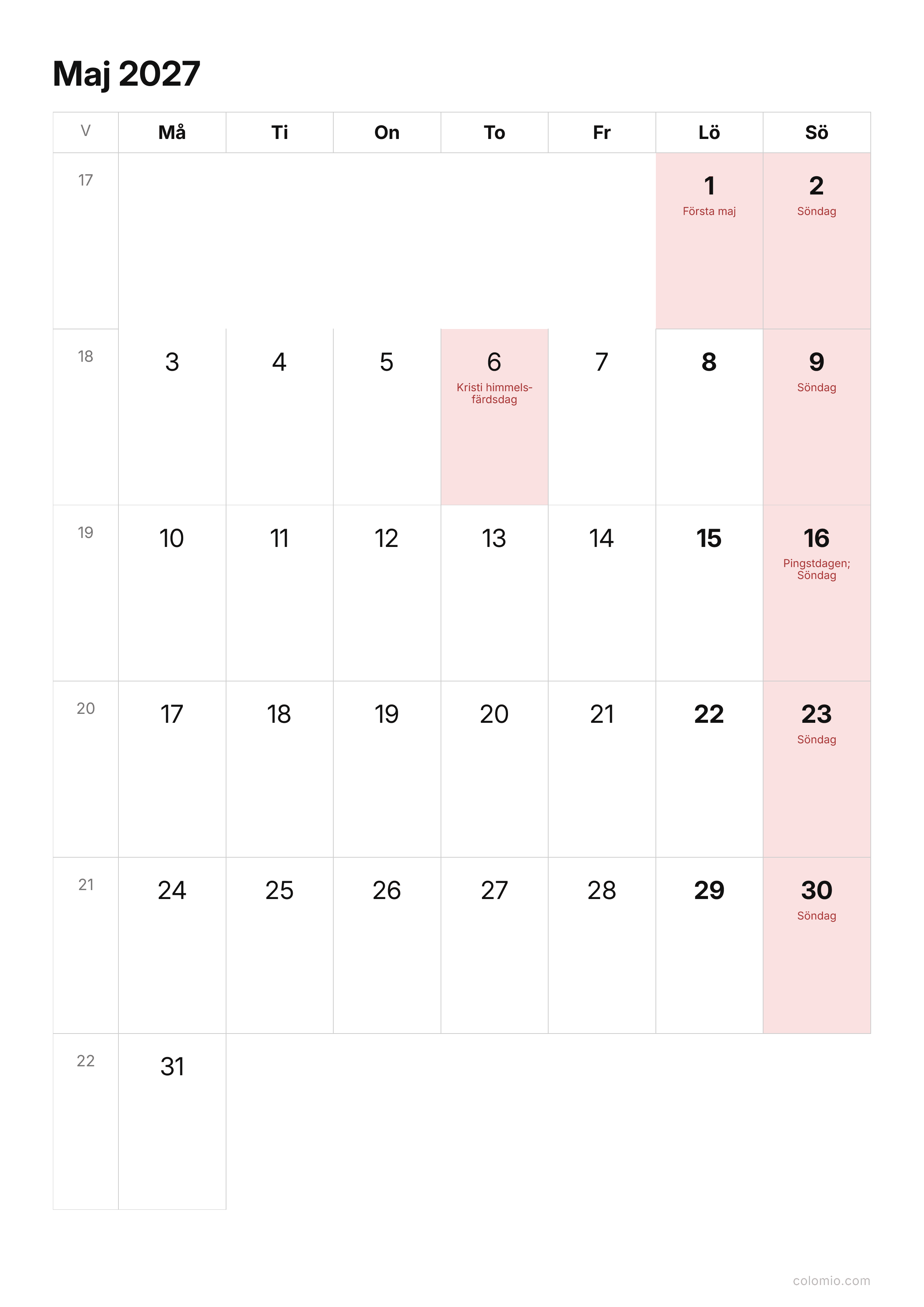 Kalender Maj 2027 enkel · stående, PDF att skriva ut