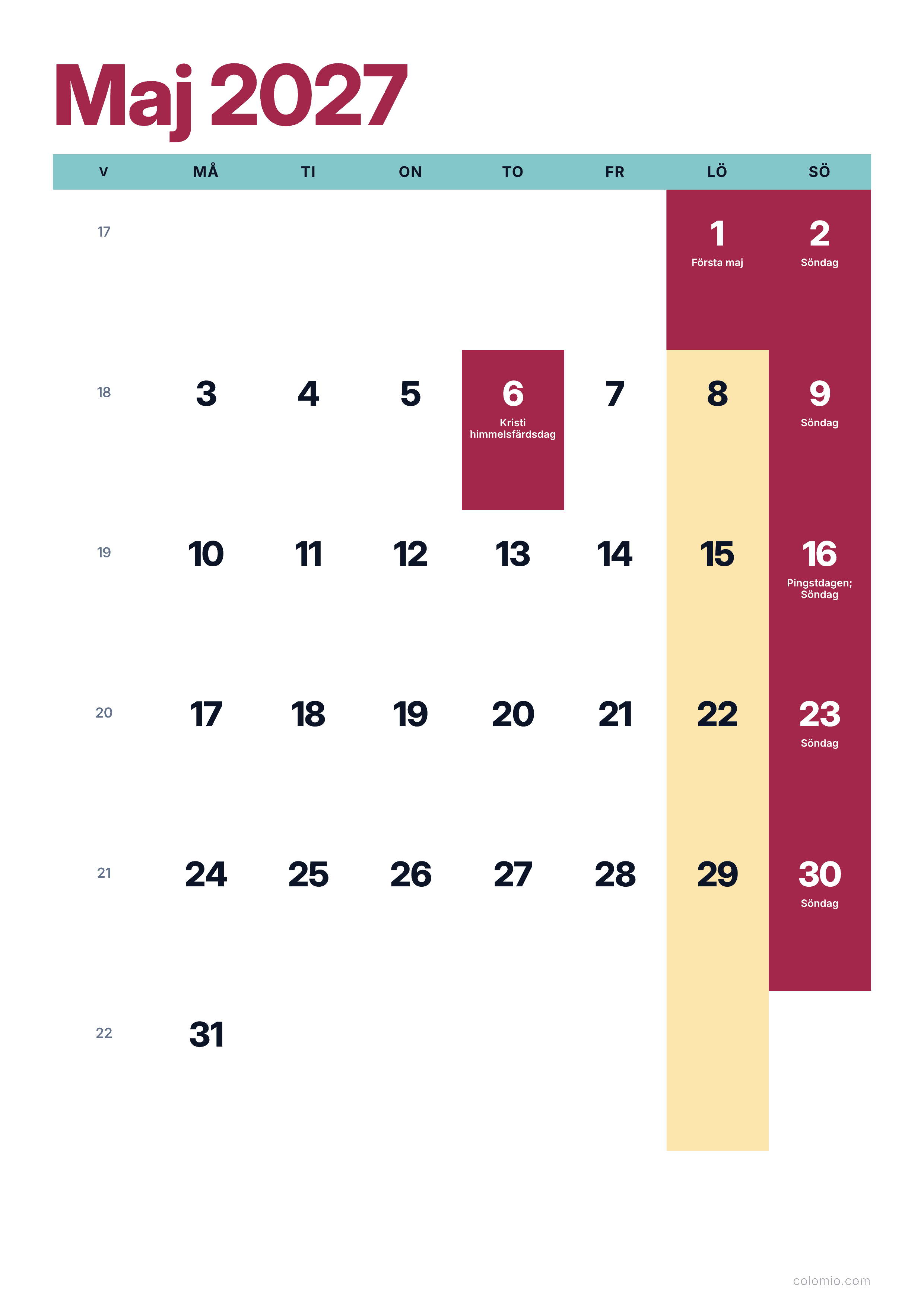 Kalender Maj 2027 färgglad & modern · stående, PDF att skriva ut