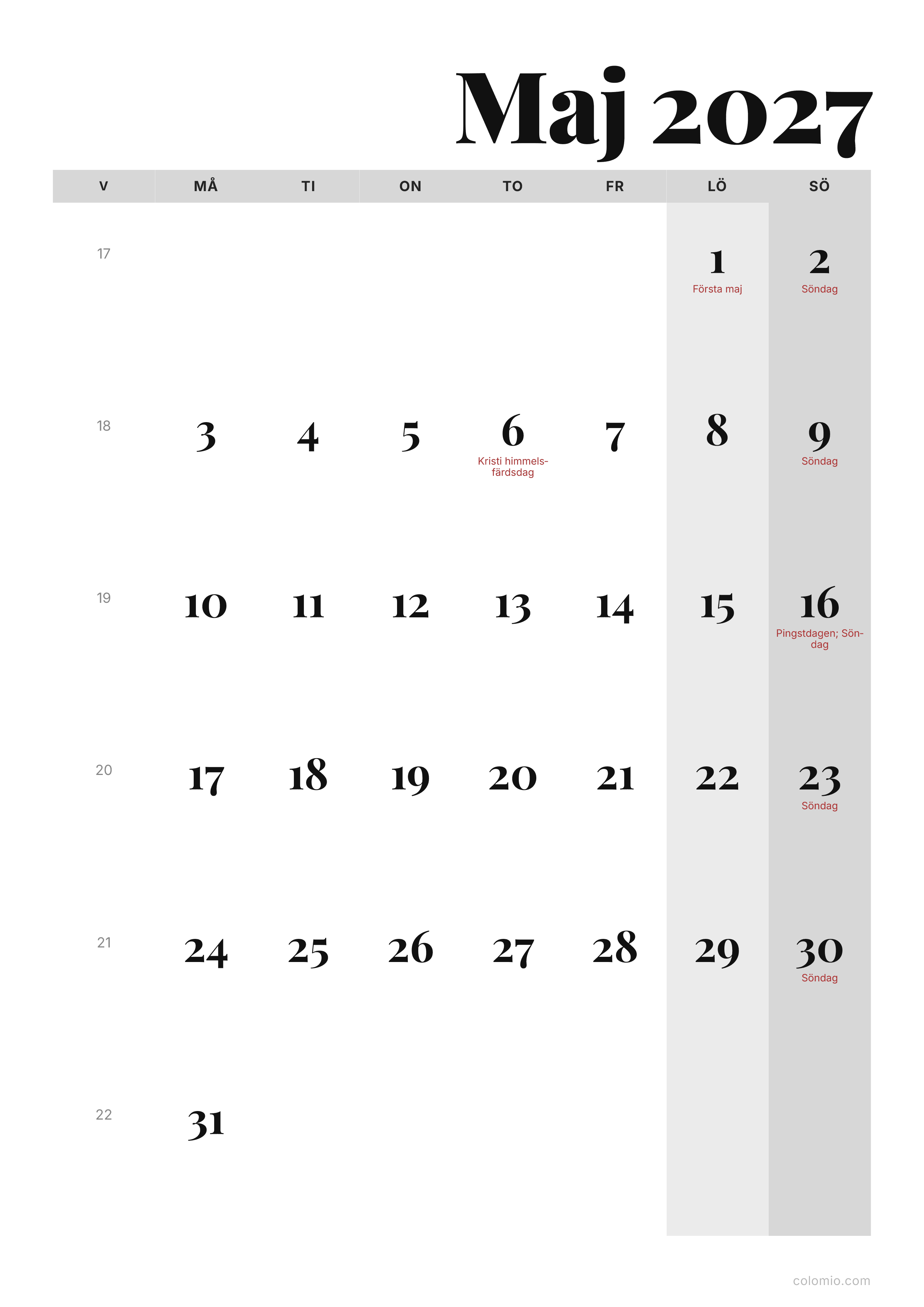 Kalender Maj 2027 redaktionell · stående, PDF att skriva ut