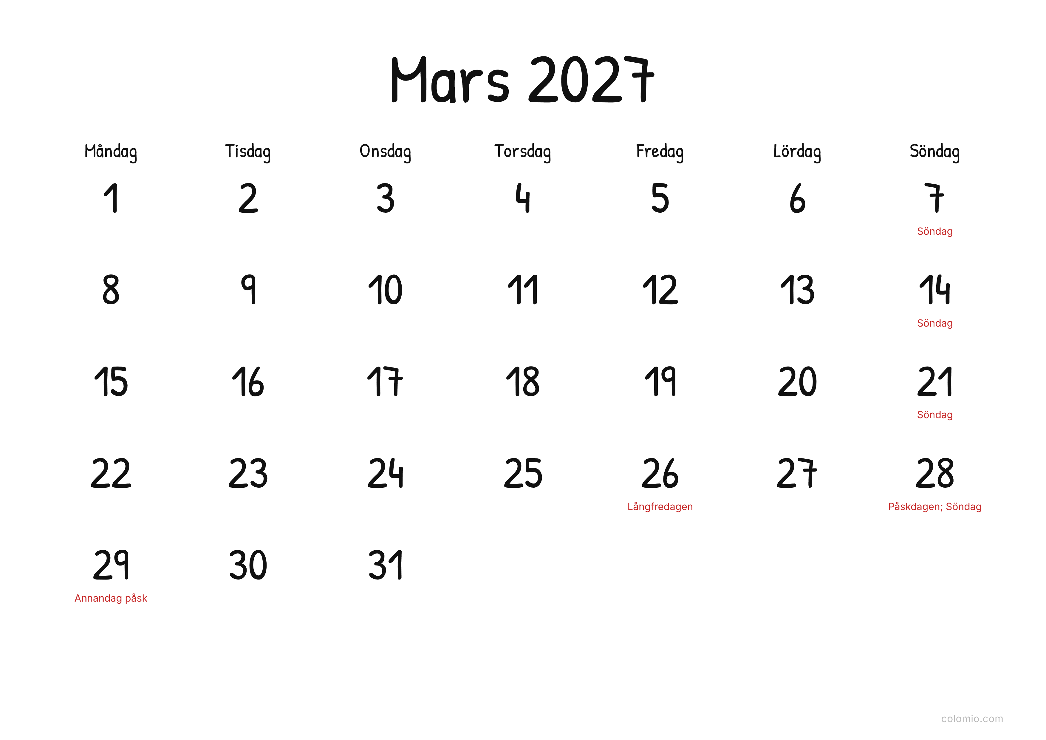 Kalender Mars 2027 display · liggande, PDF att skriva ut