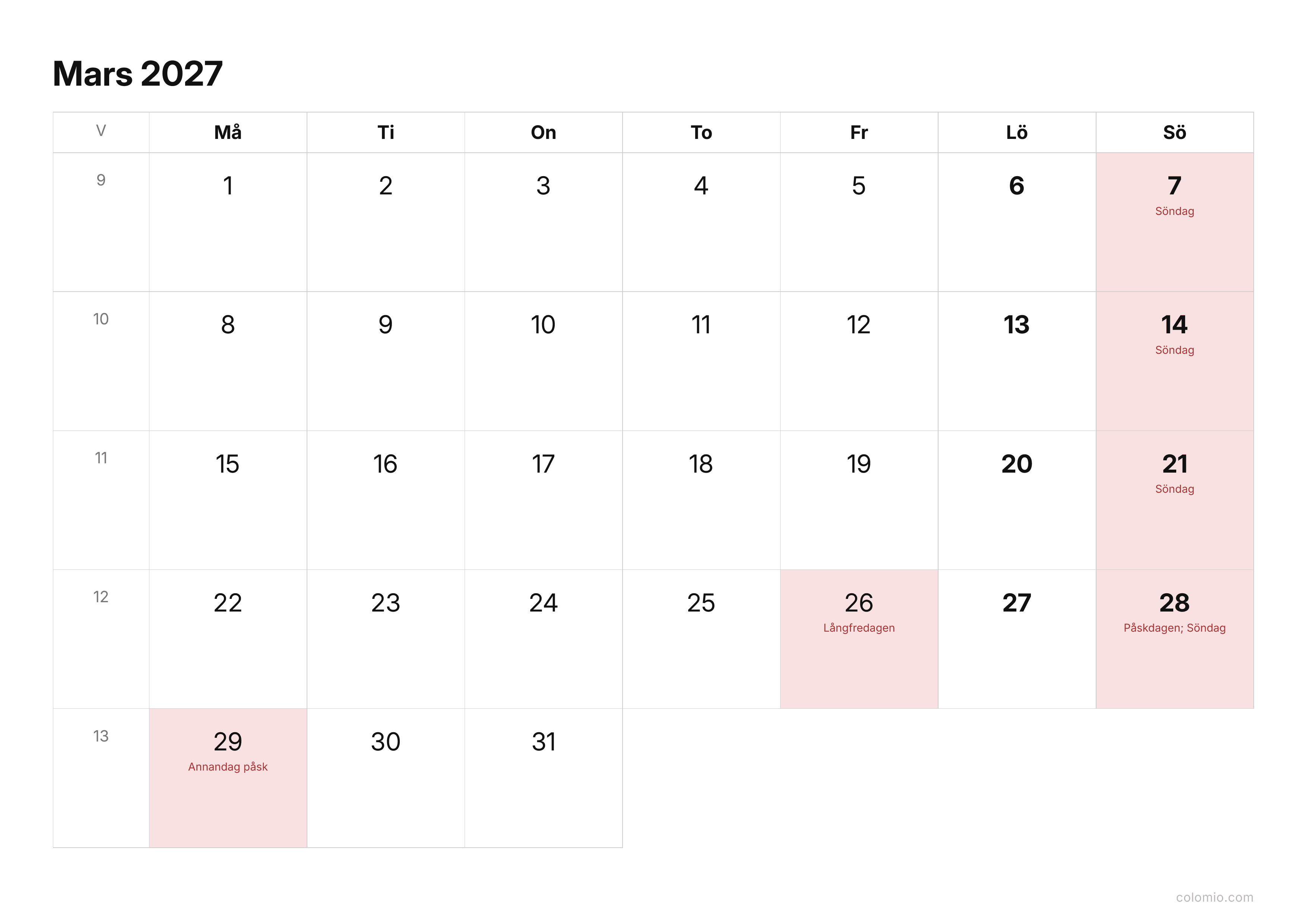 Kalender Mars 2027 enkel · liggande, PDF att skriva ut