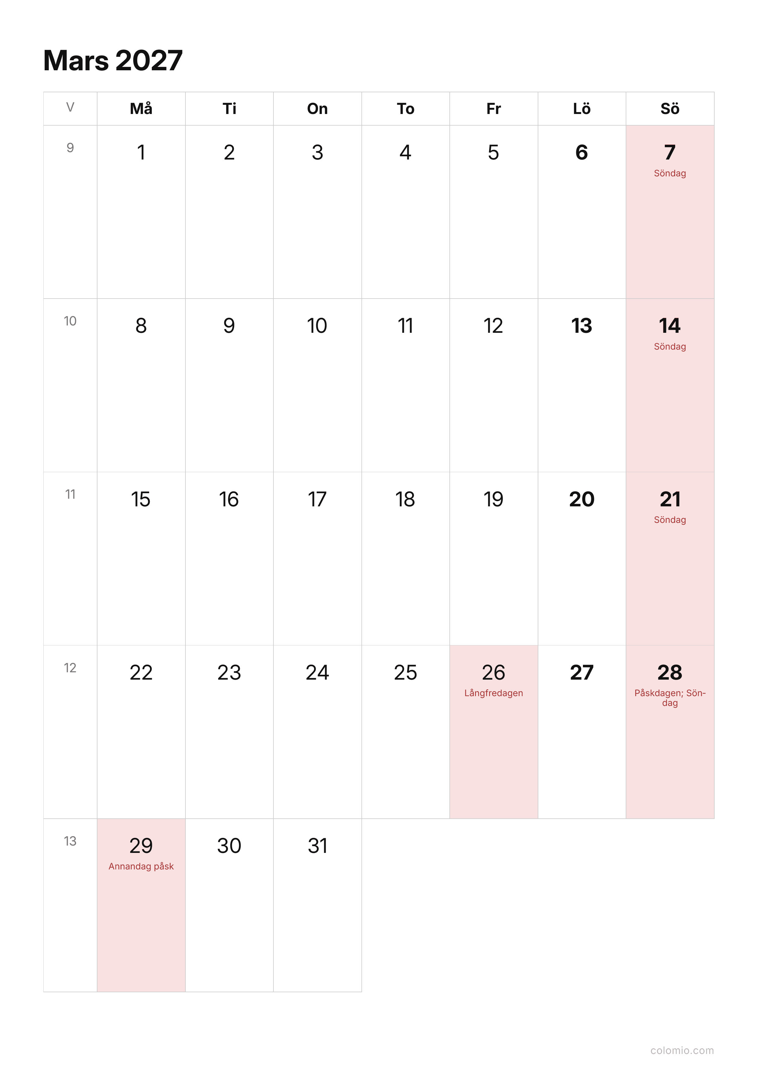 Kalender Mars 2027 enkel · stående, PDF att skriva ut