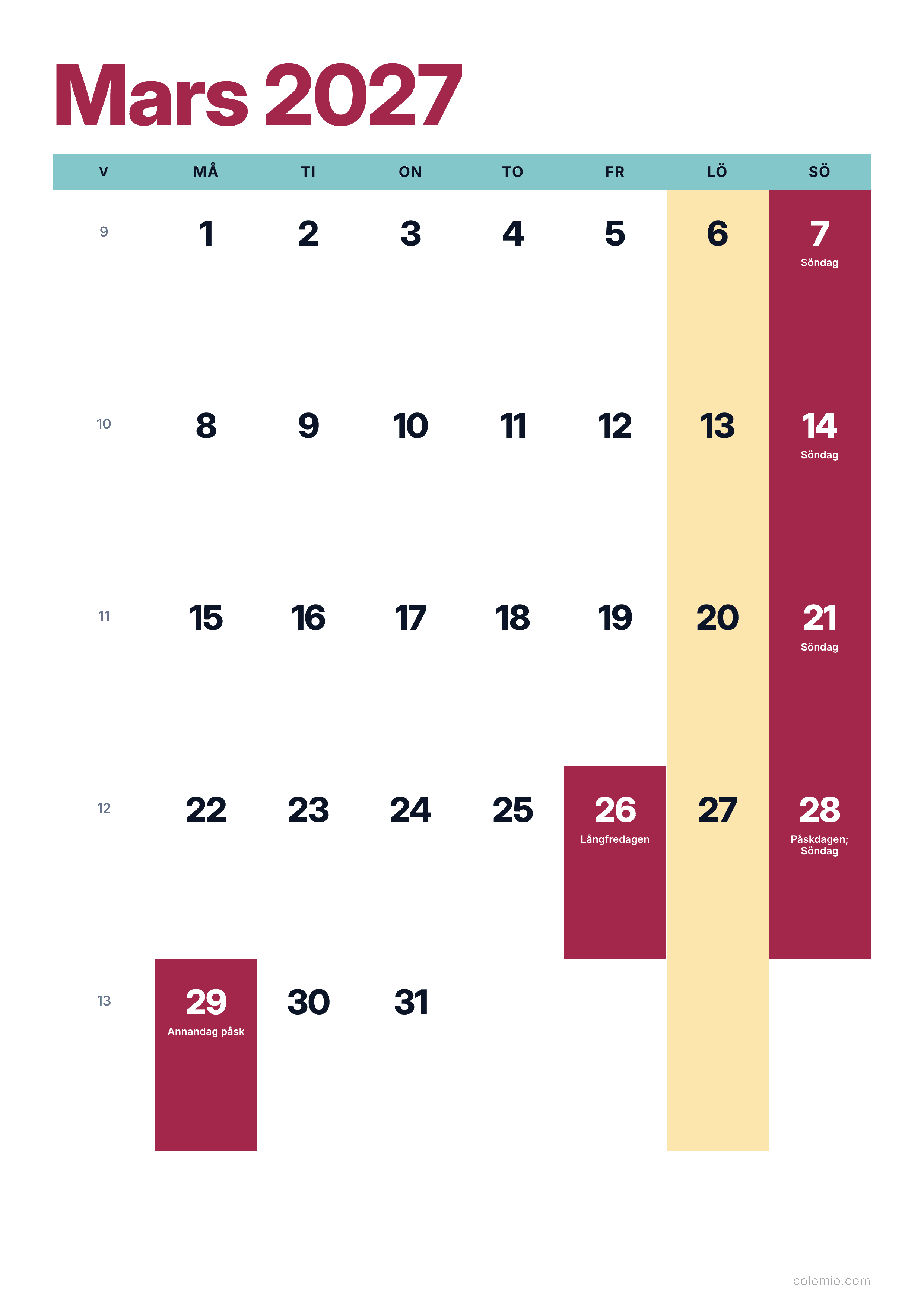 Kalender Mars 2027 färgglad & modern · stående, PDF att skriva ut