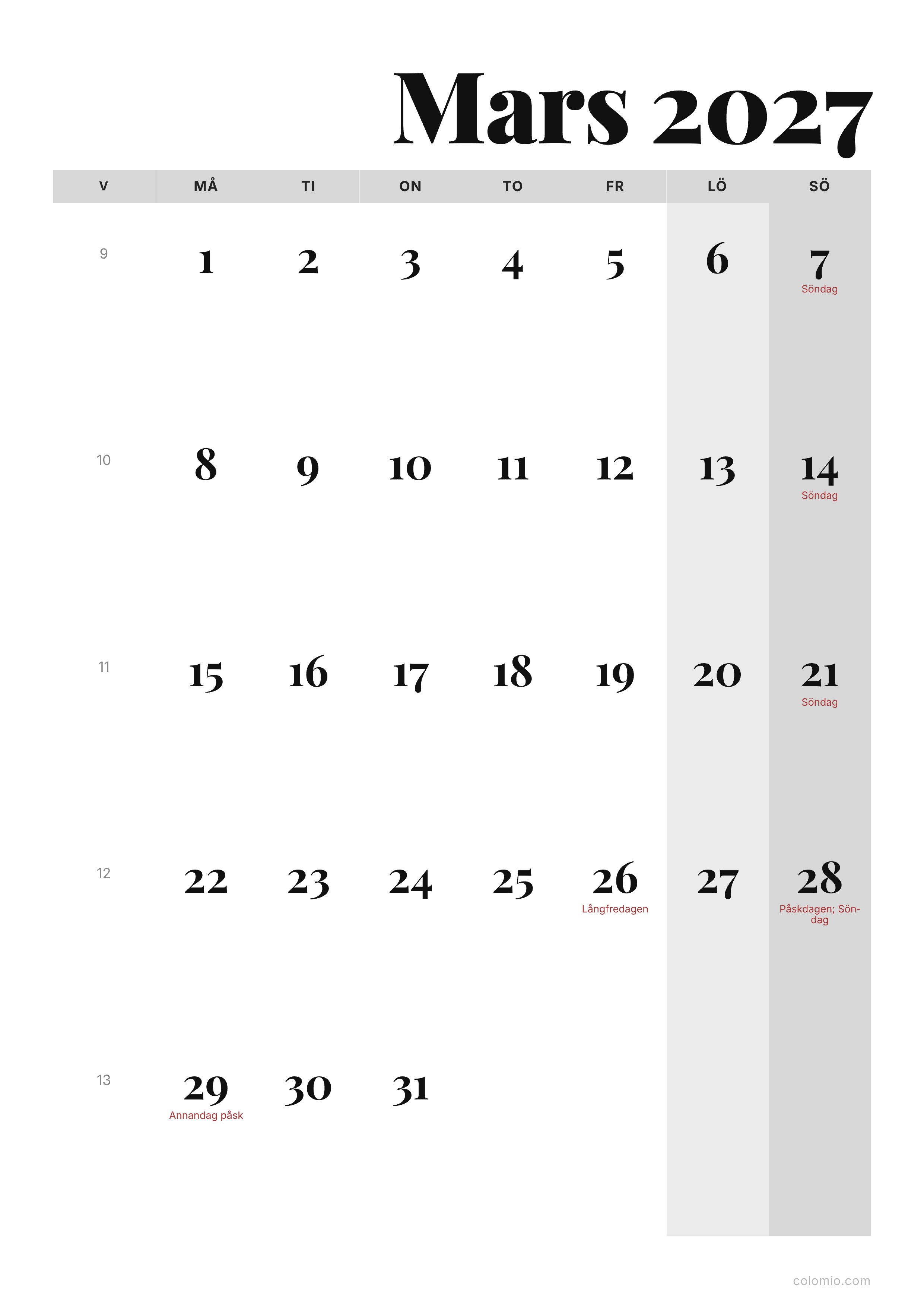 Kalender Mars 2027 redaktionell · stående, PDF att skriva ut