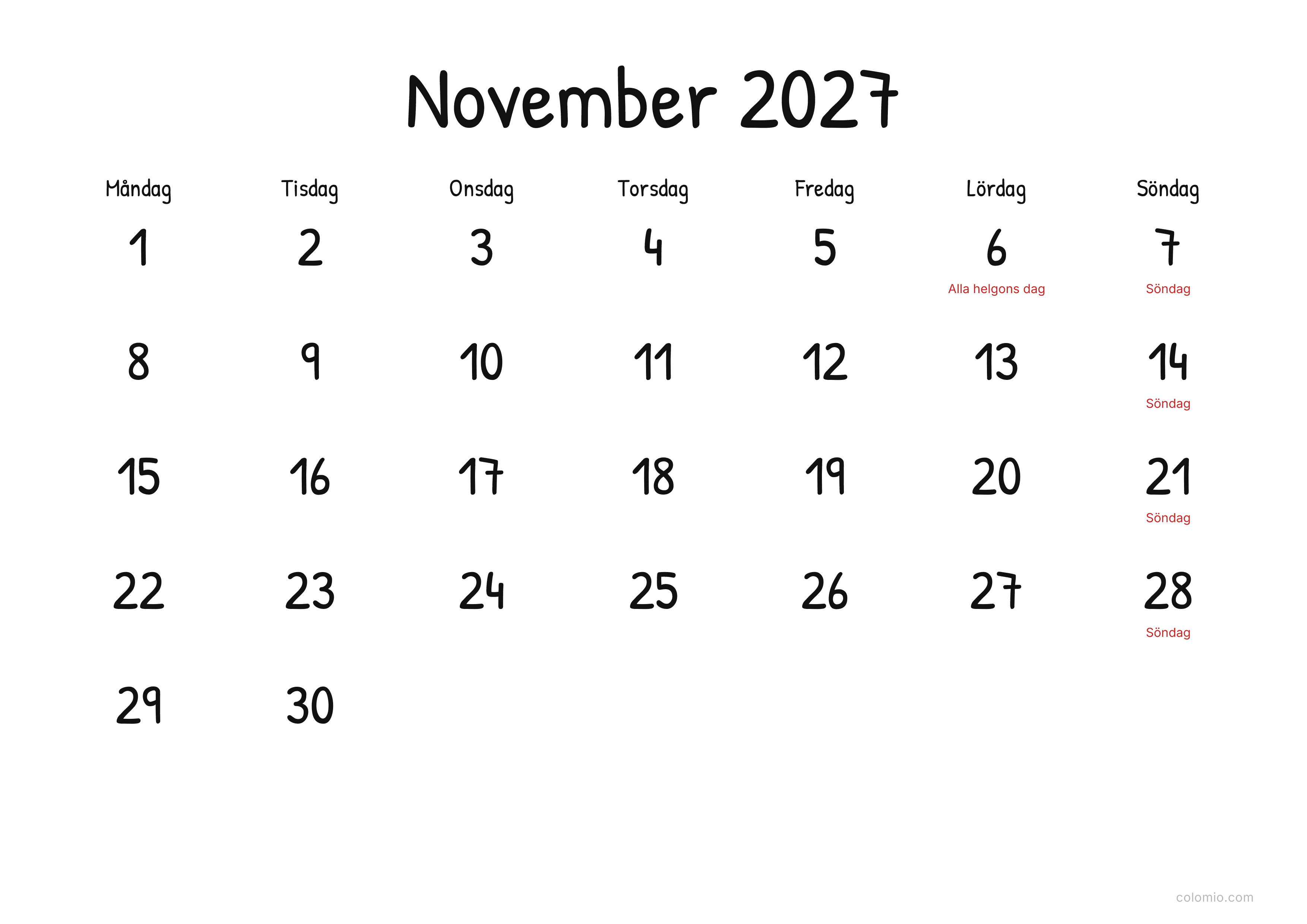 Kalender November 2027 display · liggande, PDF att skriva ut