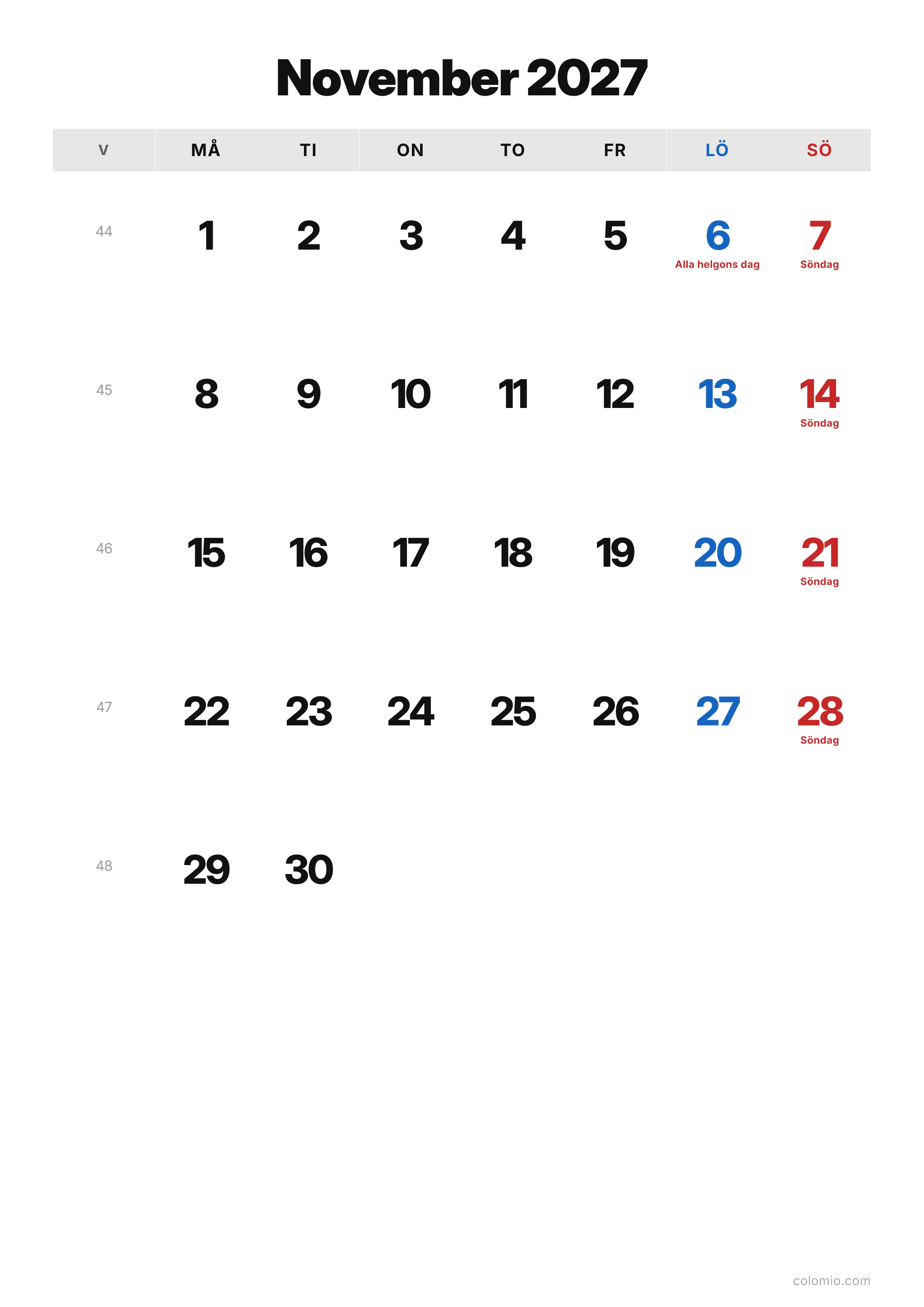 Kalender November 2027 klassisk · stående, PDF att skriva ut