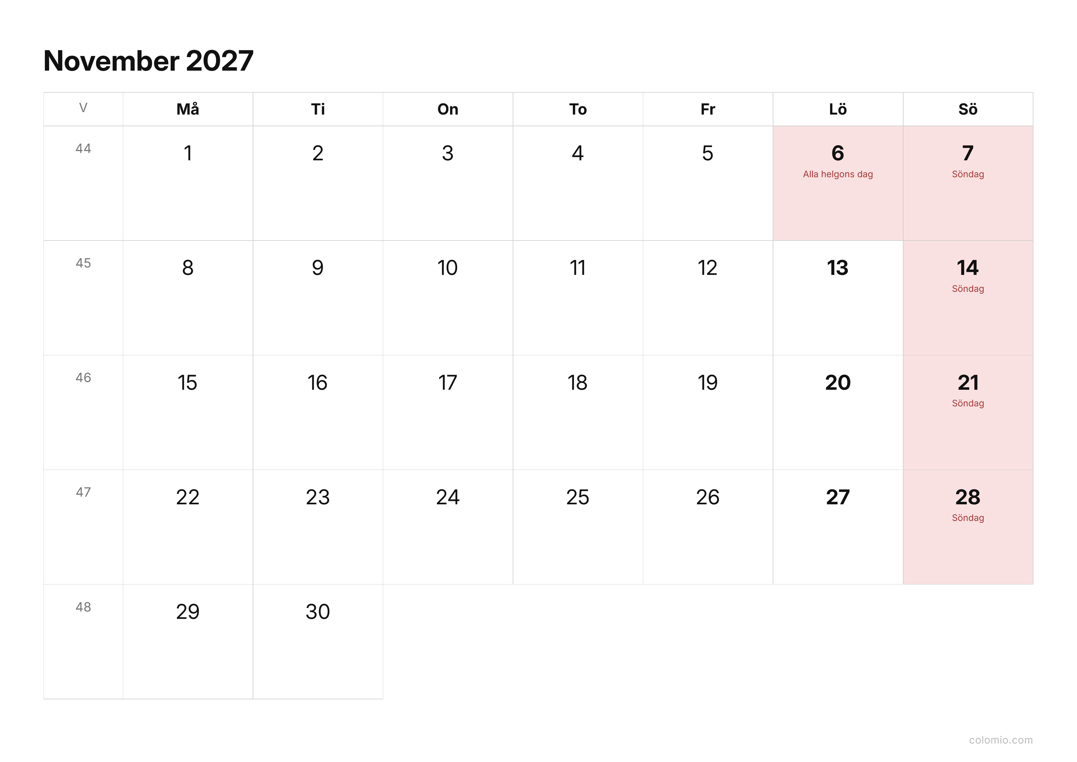 Kalender November 2027 enkel · liggande, PDF att skriva ut