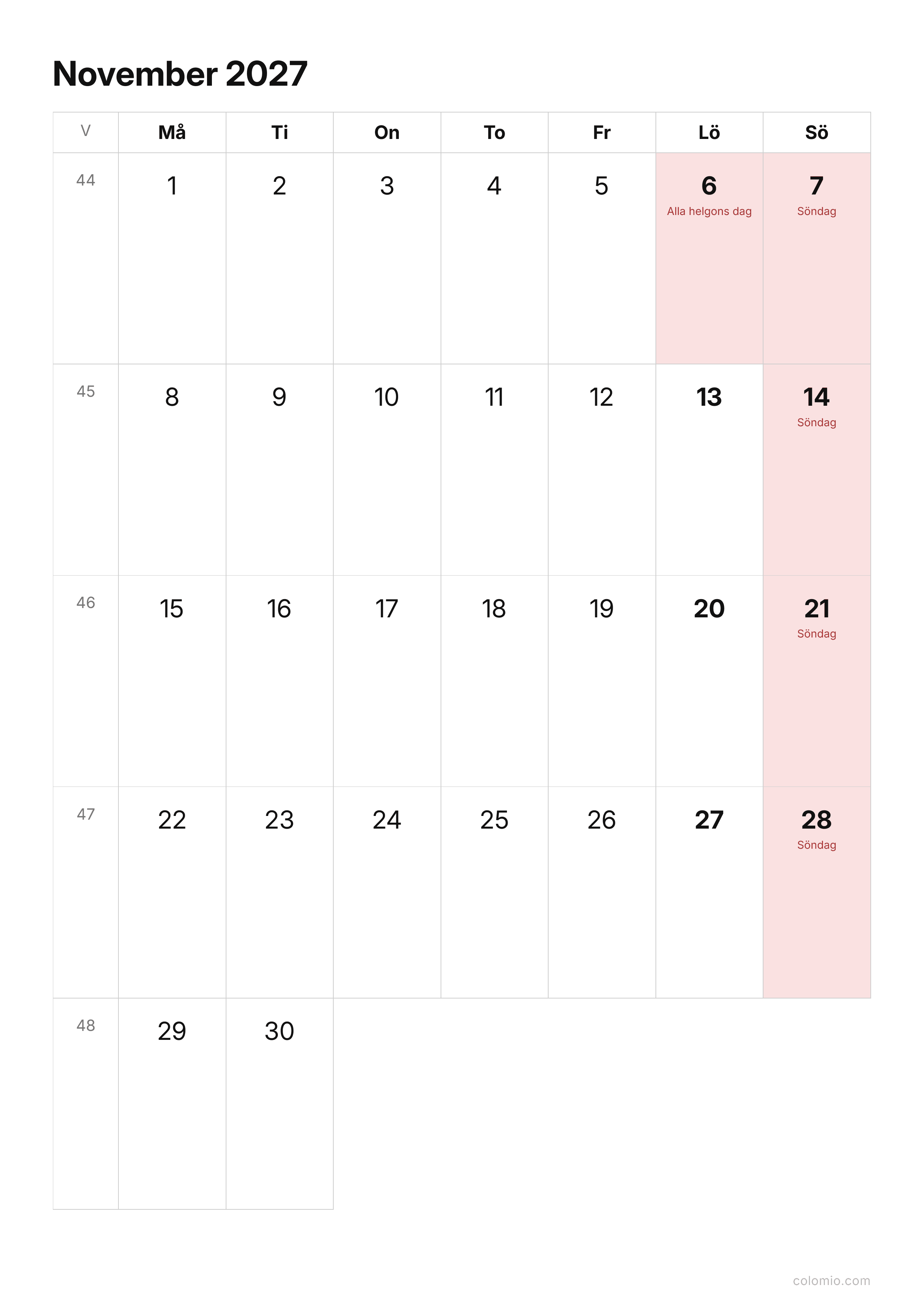 Kalender November 2027 enkel · stående, PDF att skriva ut